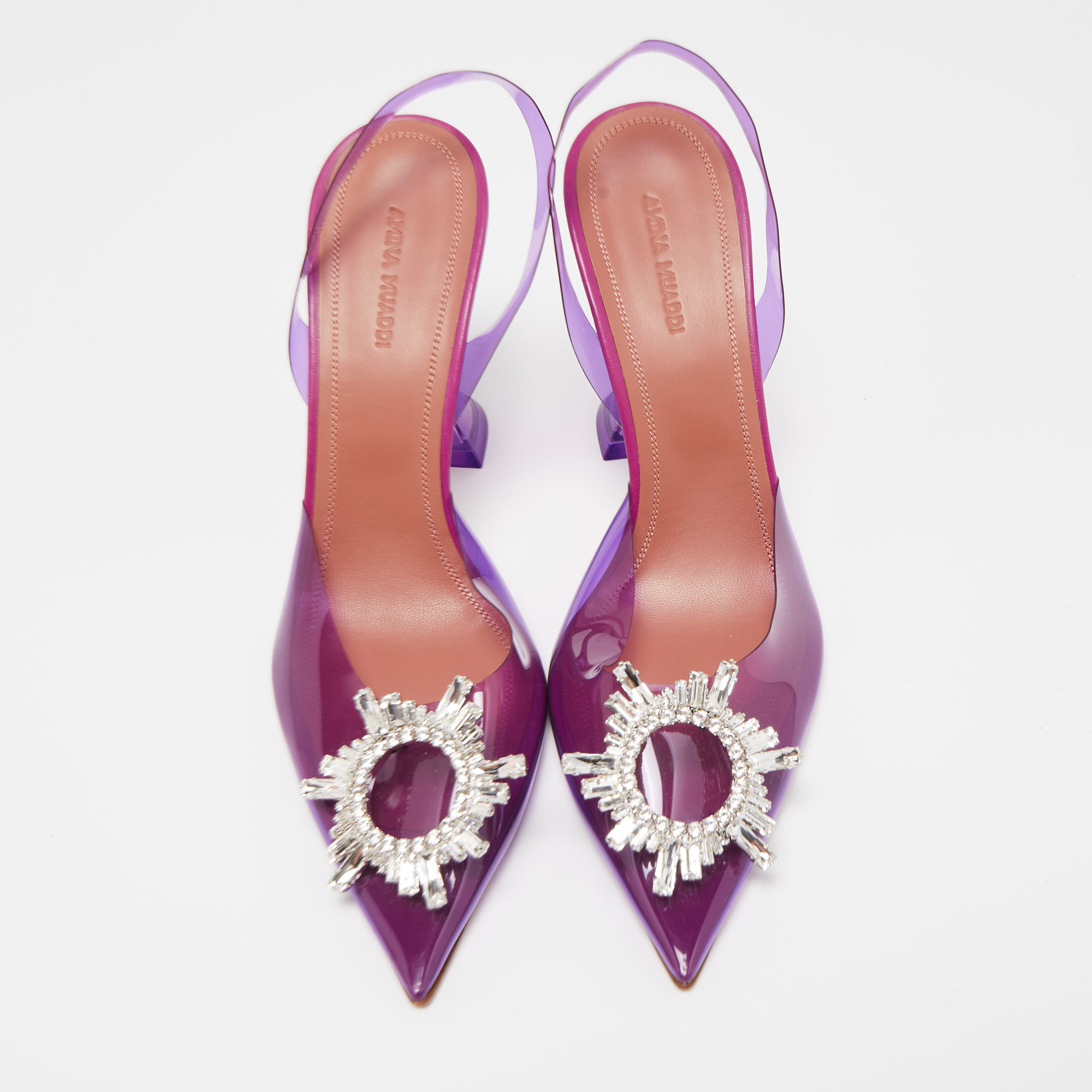 Amina Muaddi Purple PVC Begum Crystal Embellished Slingback Pumps Size 40