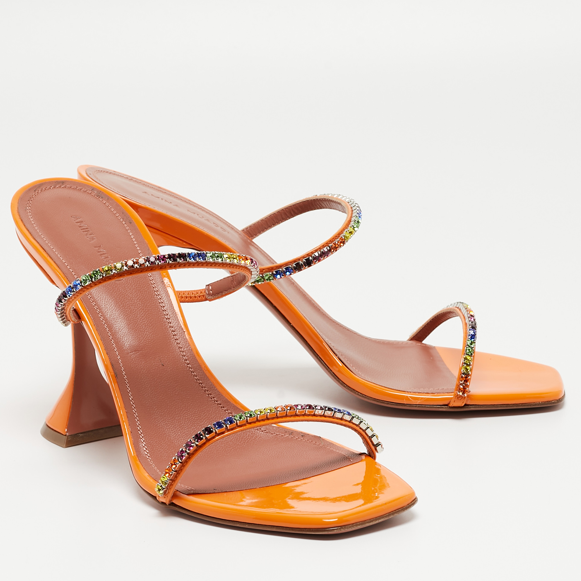 Amina Muaddi Orange Crystal Embellished Satin Glida Slide Sandals Size 40