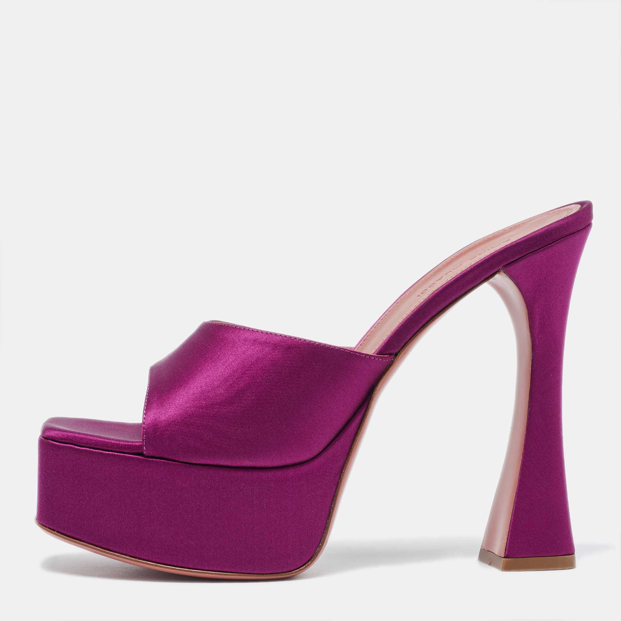 Amina muaddi pink satin dalida open toe platform slide sandals size 40