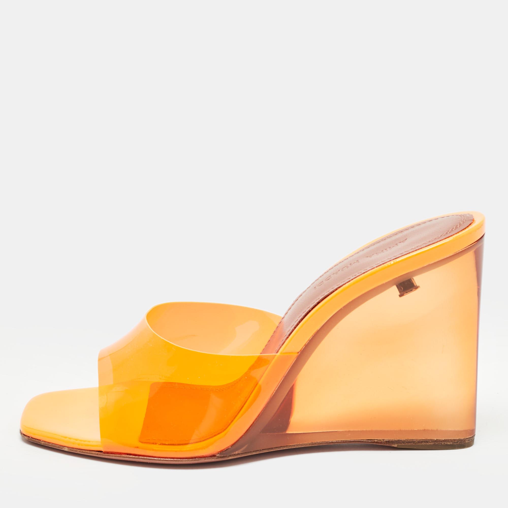 Amina muaddi neon orange pvc lupita wedge sandals size 37
