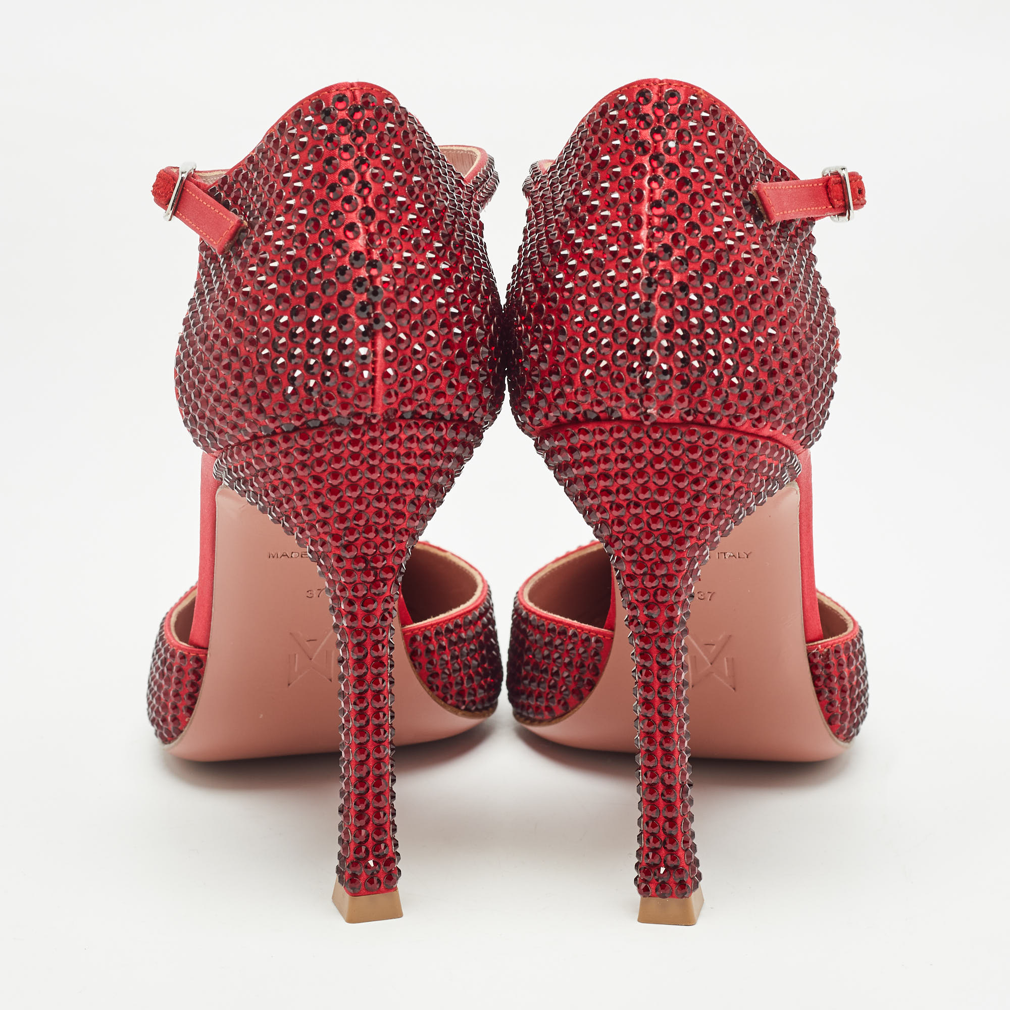 Amina Muaddi Red Satin Vittoria 105mm Crystal-Embellished Pumps Size 37