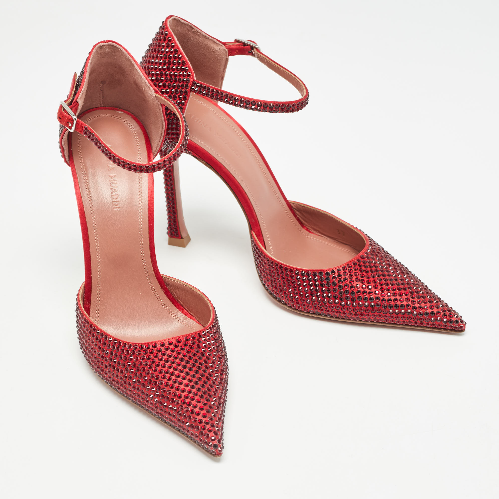 Amina Muaddi Red Satin Vittoria 105mm Crystal-Embellished Pumps Size 37