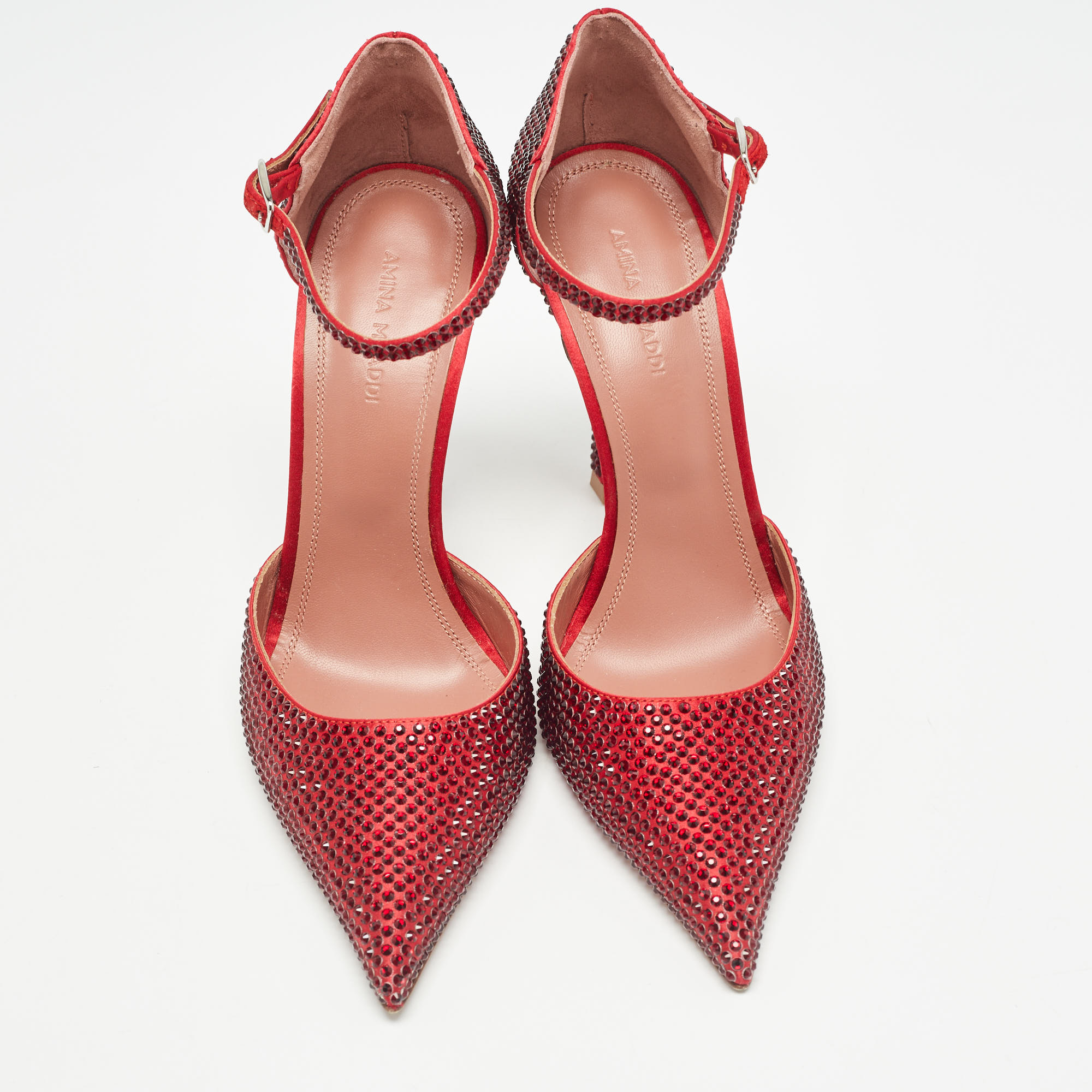 Amina Muaddi Red Satin Vittoria 105mm Crystal-Embellished Pumps Size 37