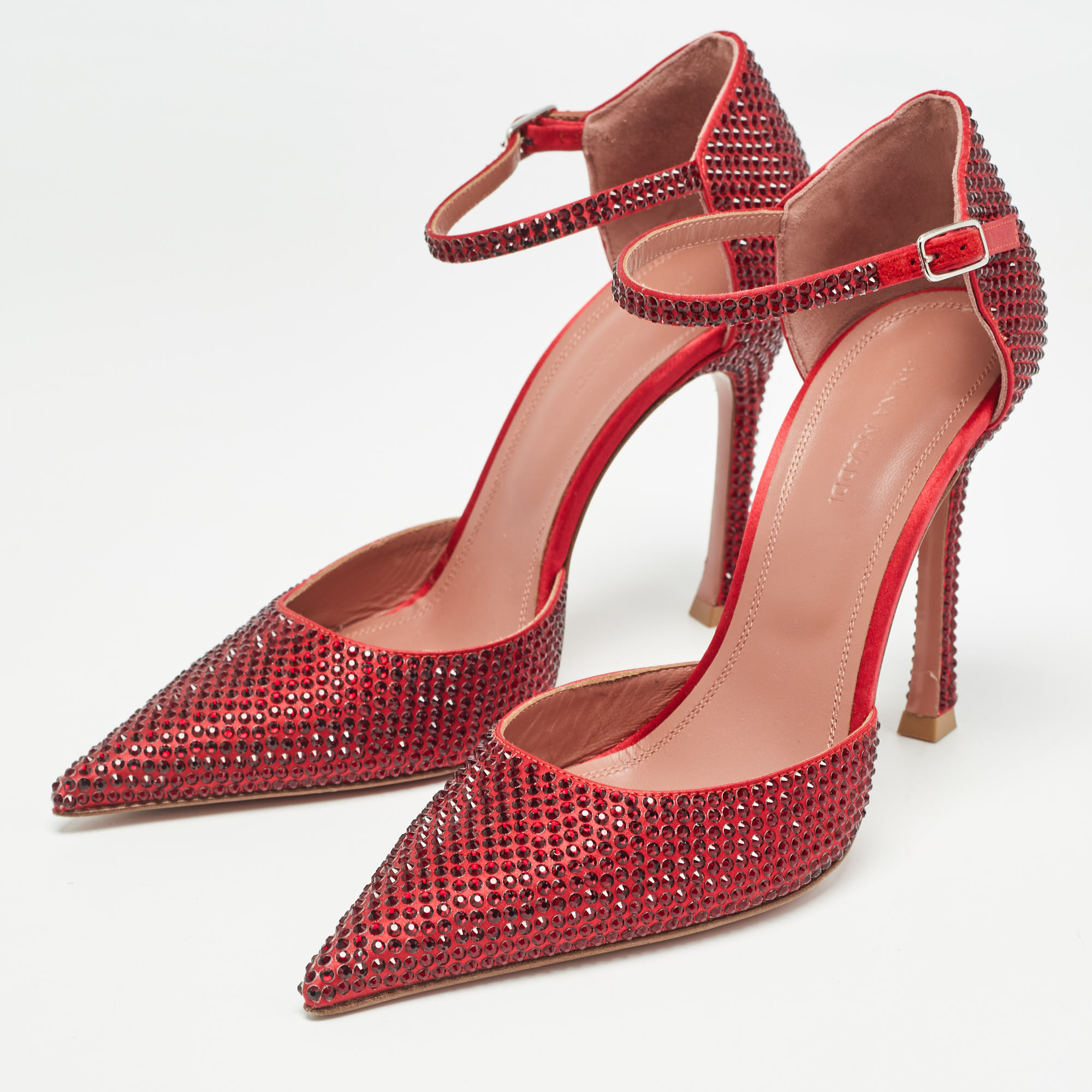 Amina Muaddi Red Satin Vittoria 105mm Crystal-Embellished Pumps Size 37