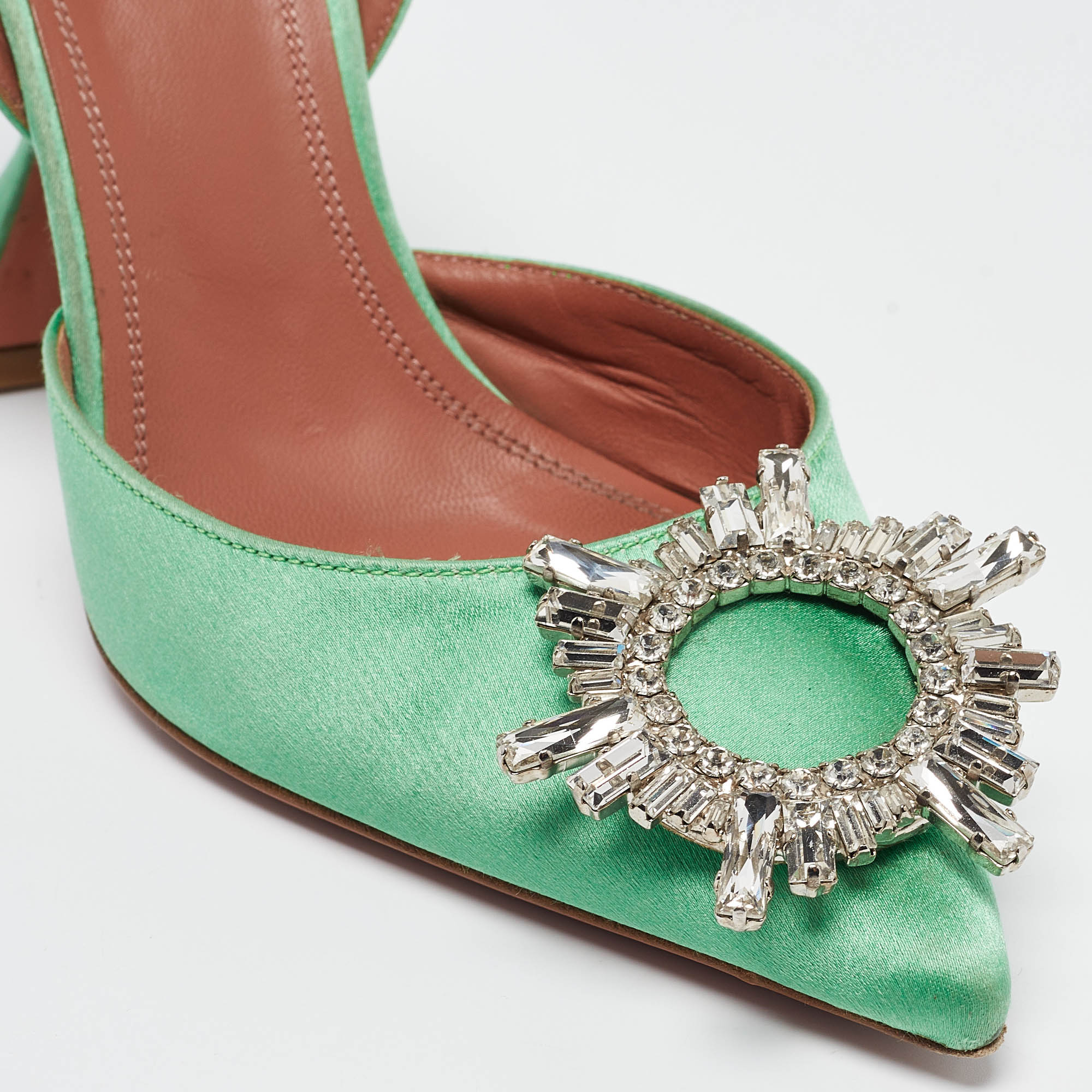 Amina Muaddi Green Satin Begum Slingback Pumps Size 36.5