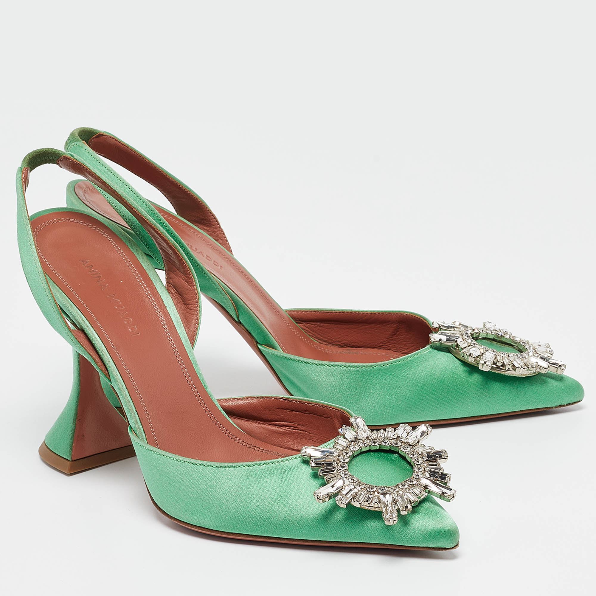 Amina Muaddi Green Satin Begum Slingback Pumps Size 36.5