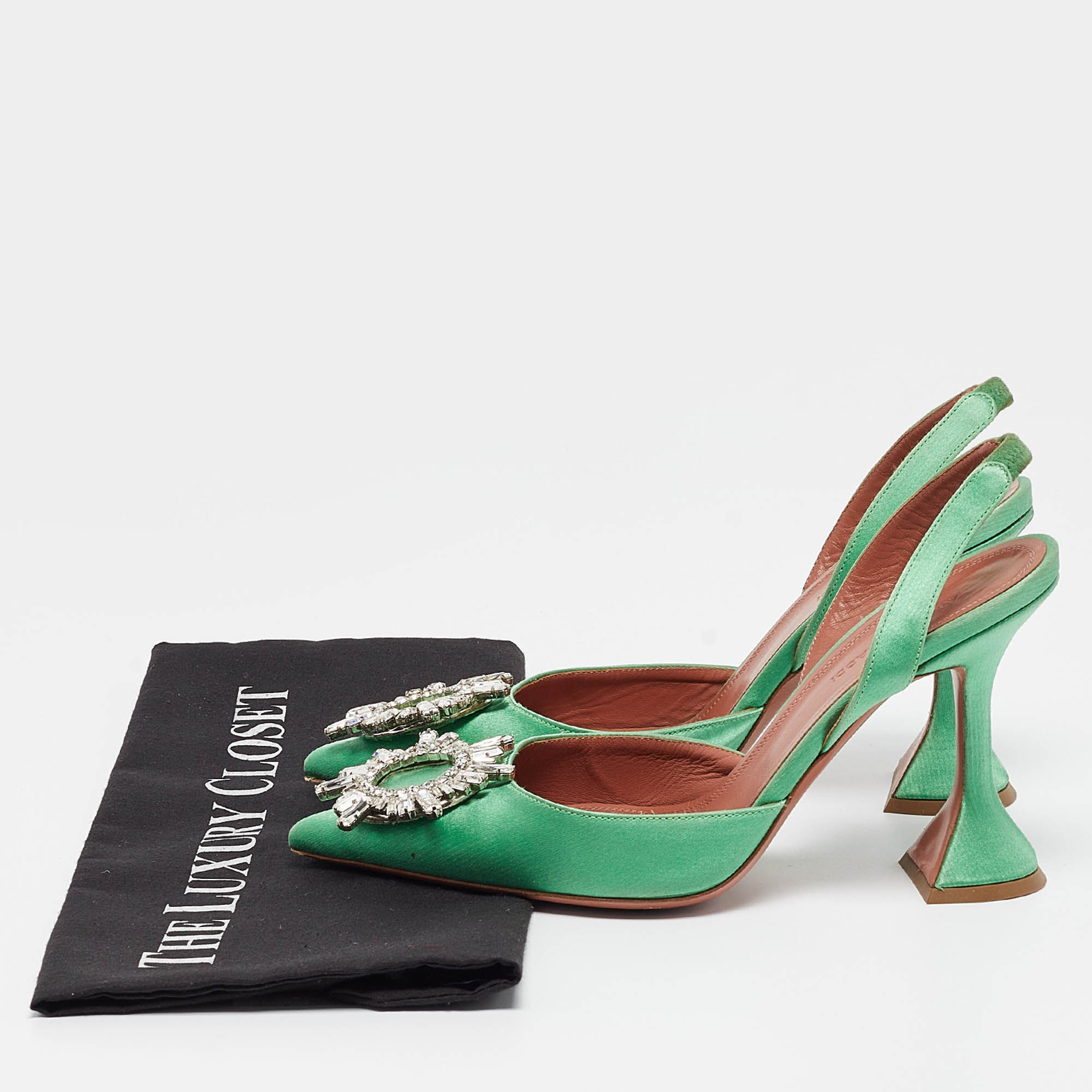 Amina Muaddi Green Satin Begum Slingback Pumps Size 36.5