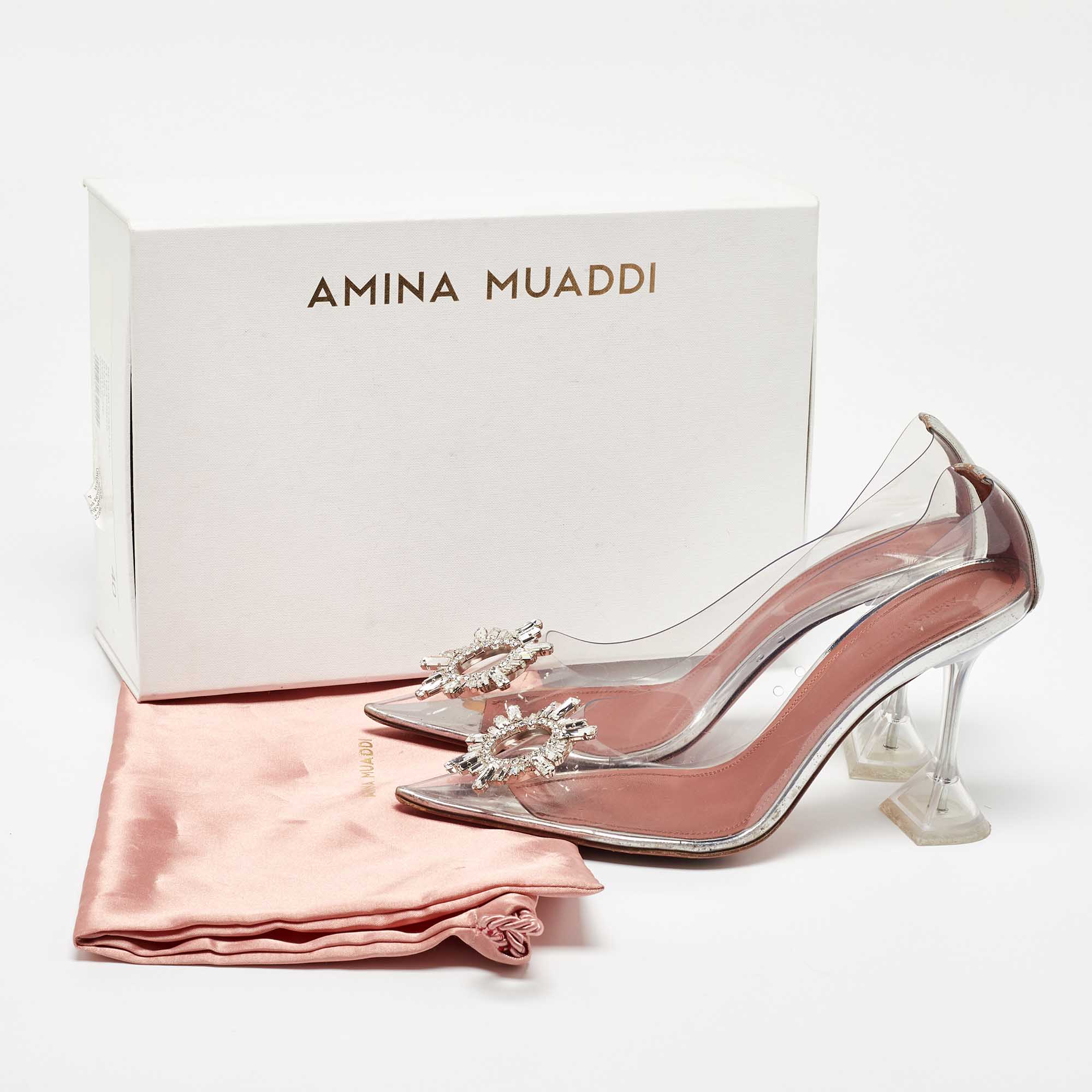 Amina Muaddi Transparent/Silver PVC And Leather Begum Pumps Size 40