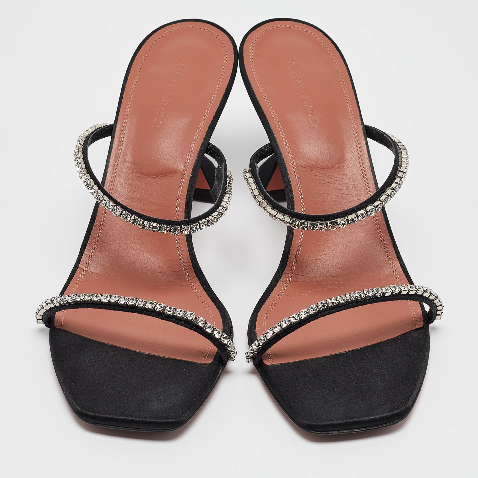 Amina Muaddi Black Satin Glida Slide Sandals 41