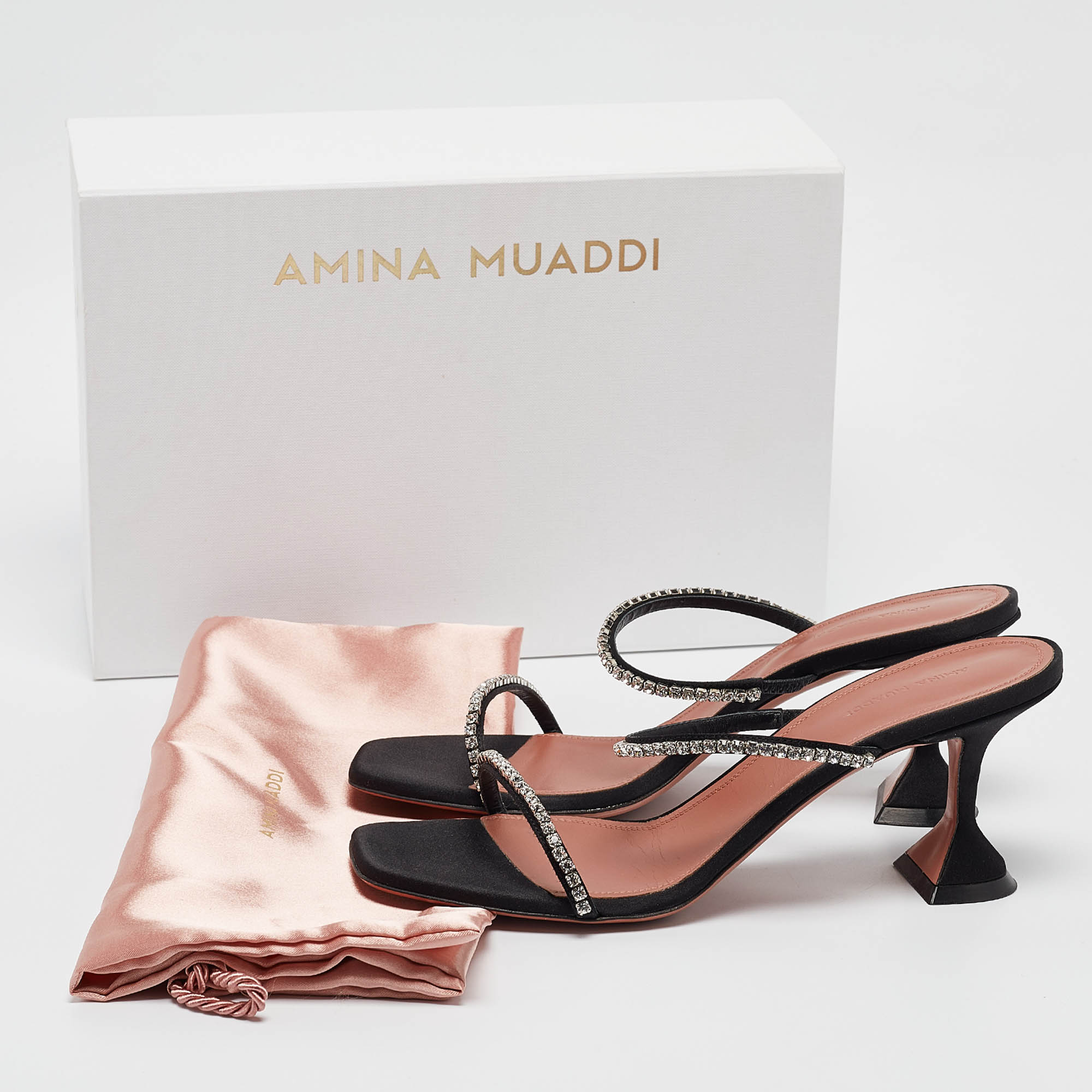 Amina Muaddi Black Satin Glida Slide Sandals 41