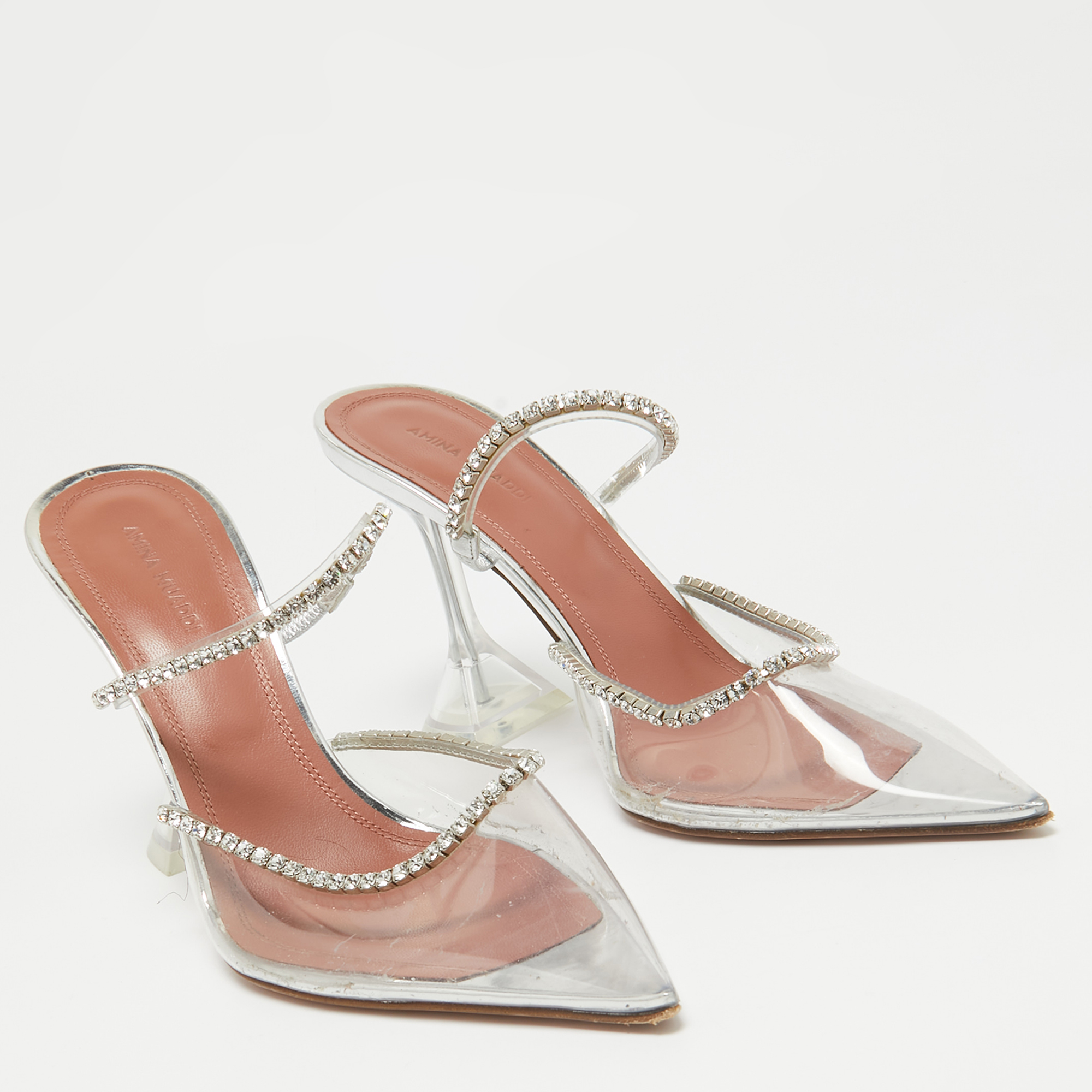 Amina Muaddi Transparent PVC Crystal Embellished Gilda Mules Size 37.5