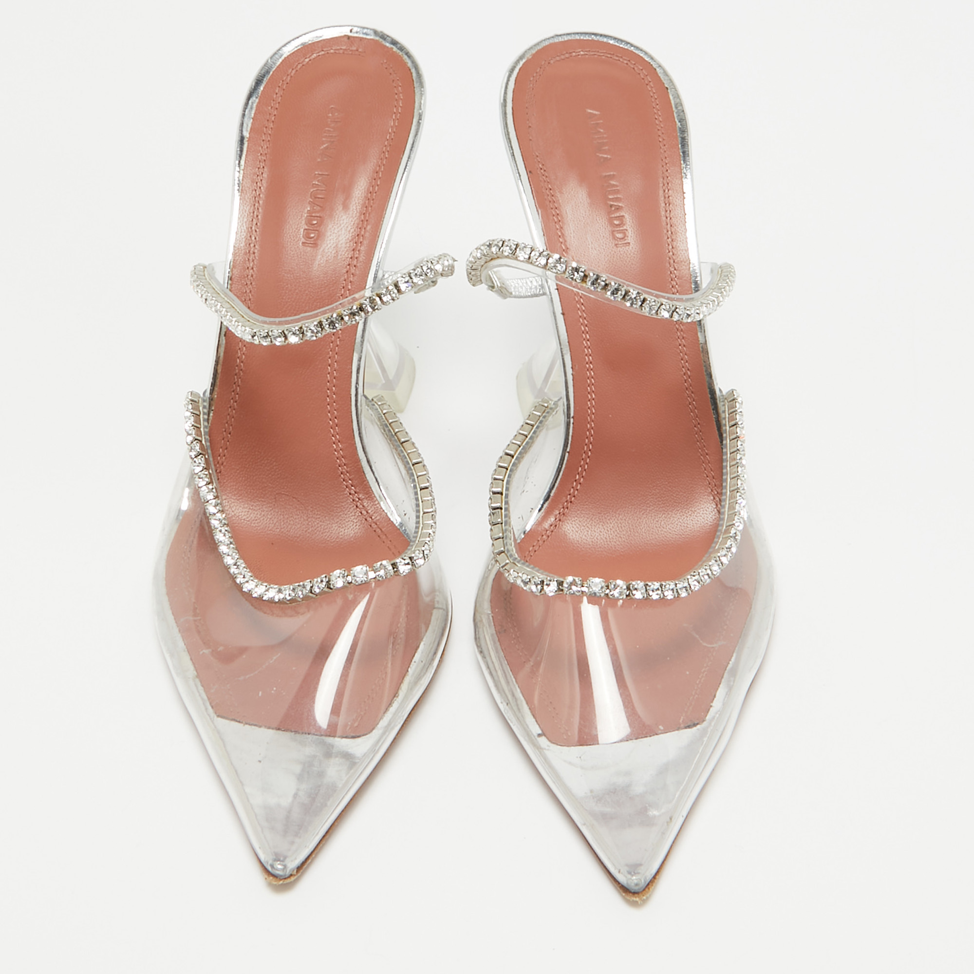 Amina Muaddi Transparent PVC Crystal Embellished Gilda Mules Size 37.5