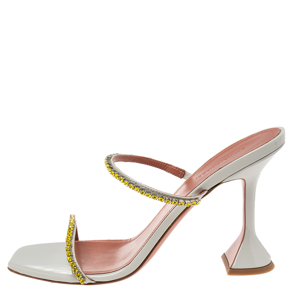 Amina Muaddi Grey Patent Leather Crystal Embellished Gilda Slide Sandals Size 41