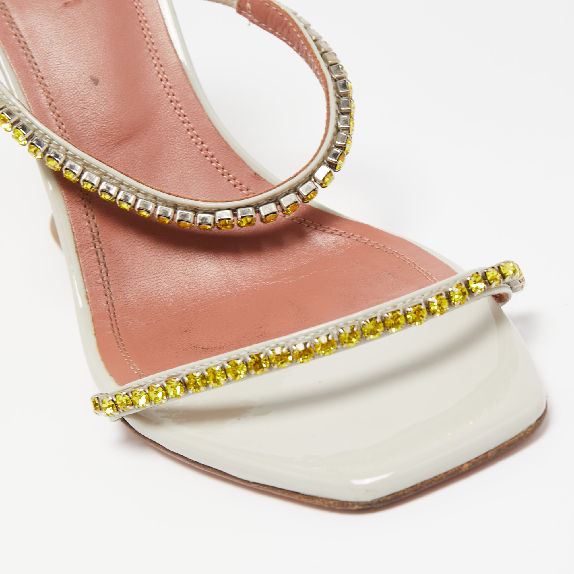 Amina Muaddi Grey Patent Crystal Gilda Sandals Size 38