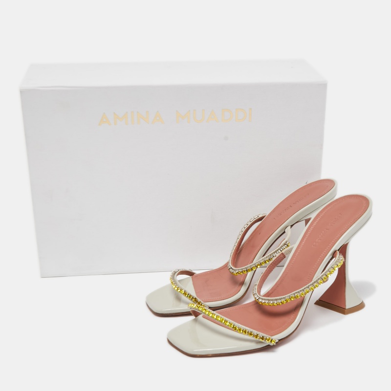 Amina Muaddi Grey Patent Crystal Gilda Sandals Size 38