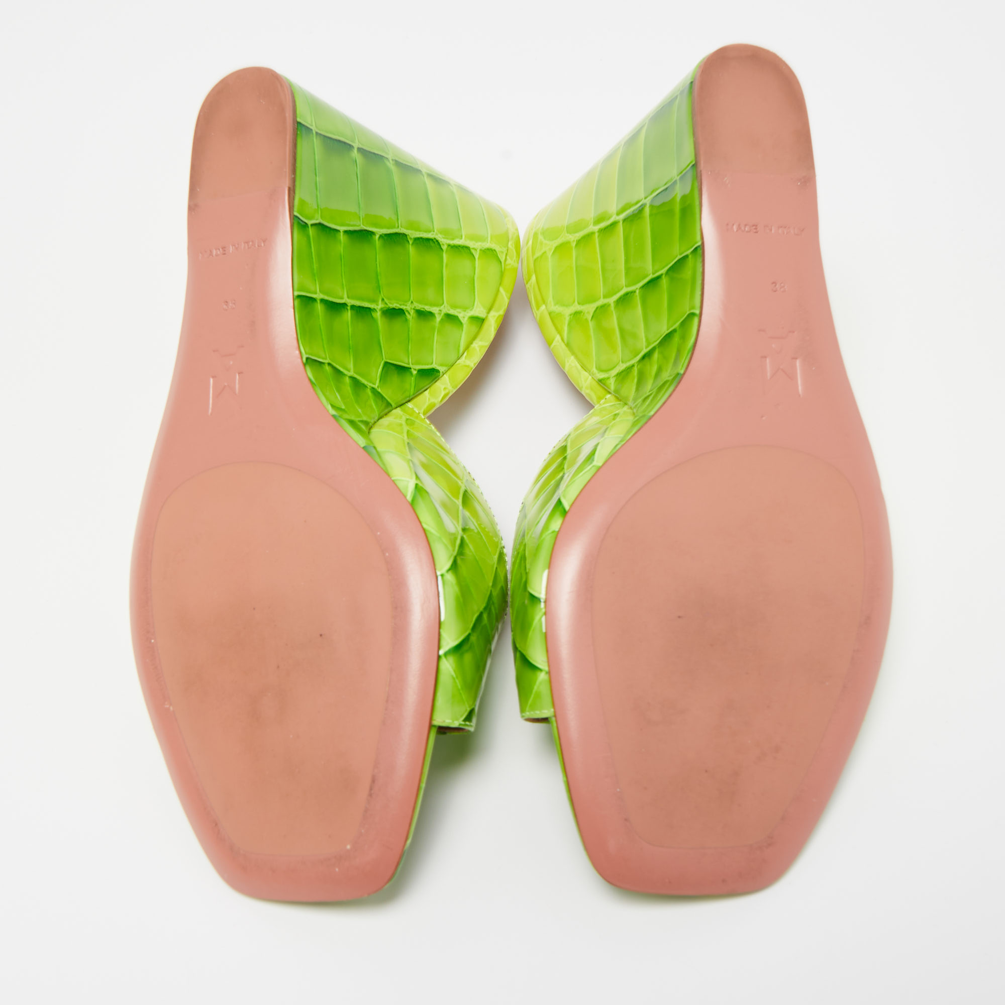Amina Muaddi Green Croc Patent Embossed Lupita Wedge Sandals Size 38