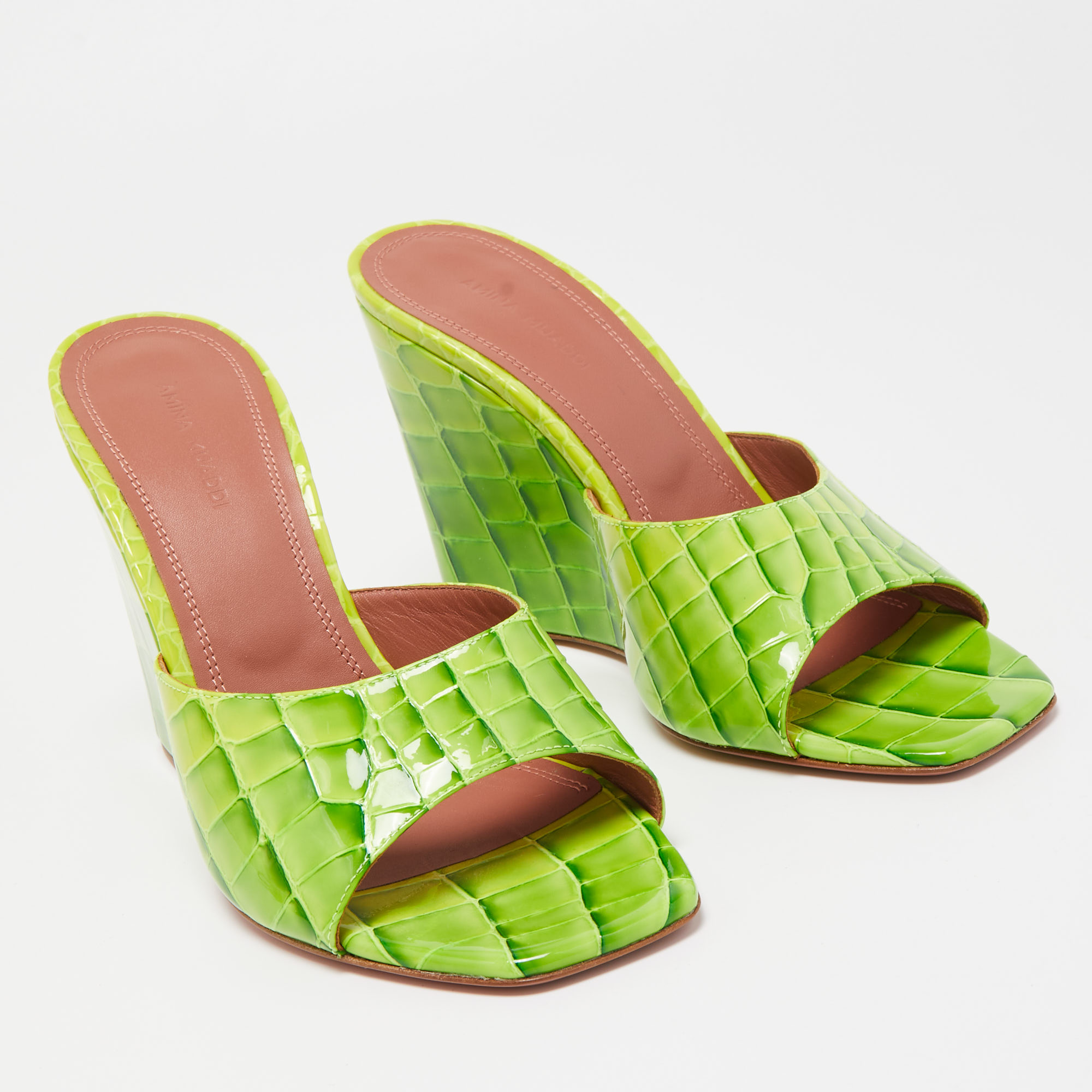 Amina Muaddi Green Croc Patent Embossed Lupita Wedge Sandals Size 38