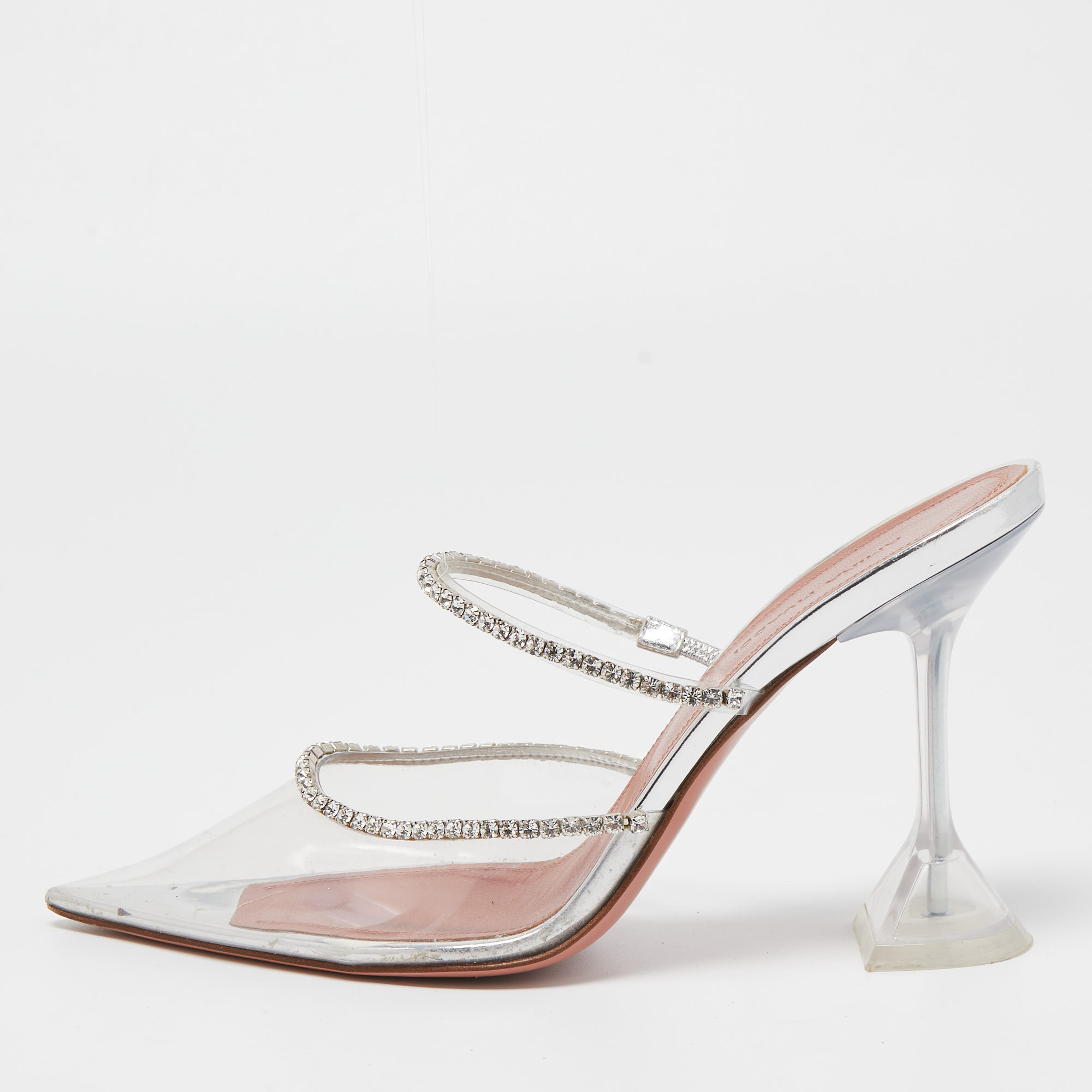Amina Muaddi Transparent Crystal Embellished PVC Gilda Glass Pointed Toe Mules Size 38