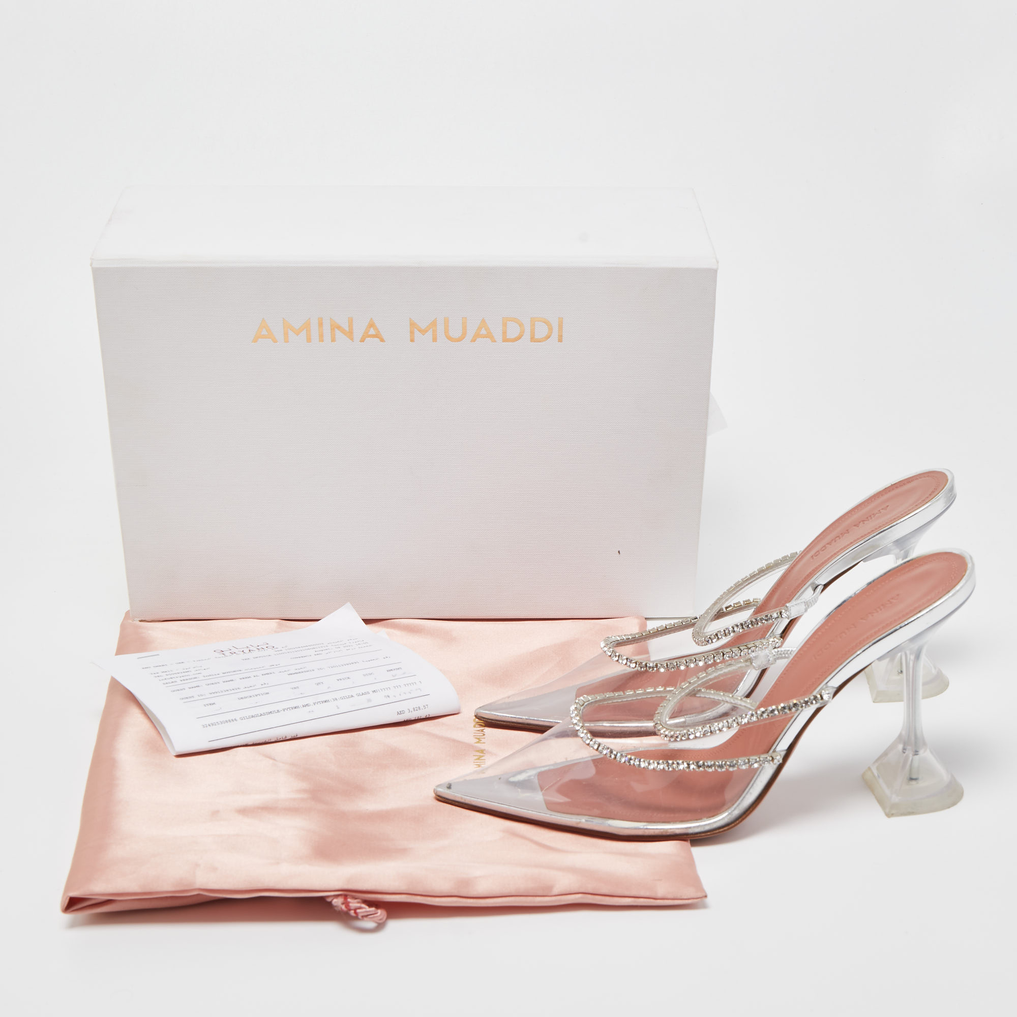 Amina Muaddi Transparent Crystal Embellished PVC Gilda Glass Pointed Toe Mules Size 38