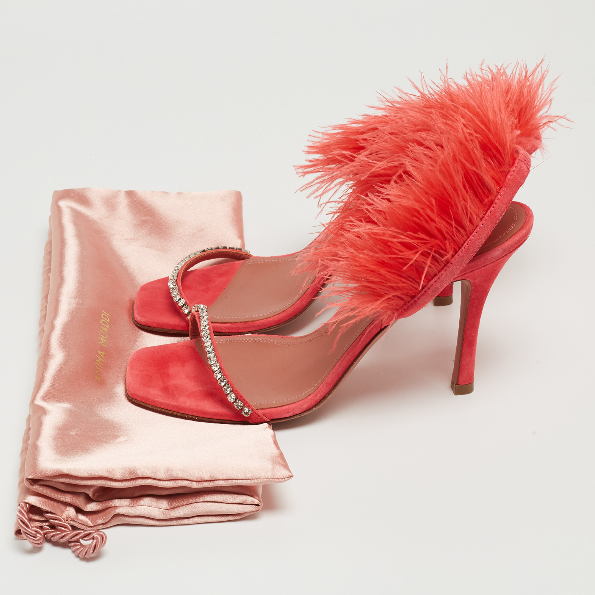 Amina Muaddi Pink Satin And Feather Crystal Embellished Adwoa Slingback Sandals Size 37.5