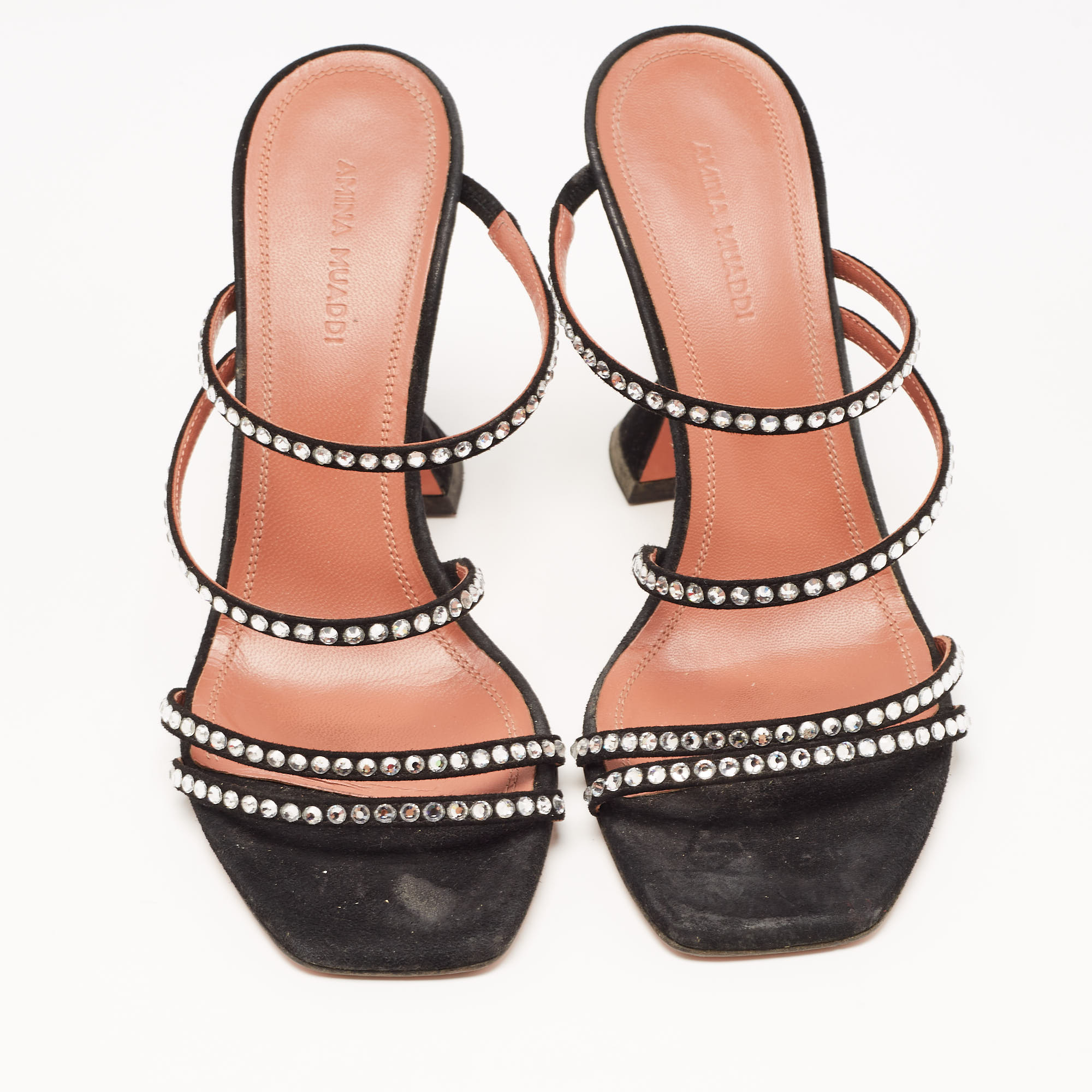 Amina Muaddi Black Crystal Embellished Suede Naima Sandals Size 37