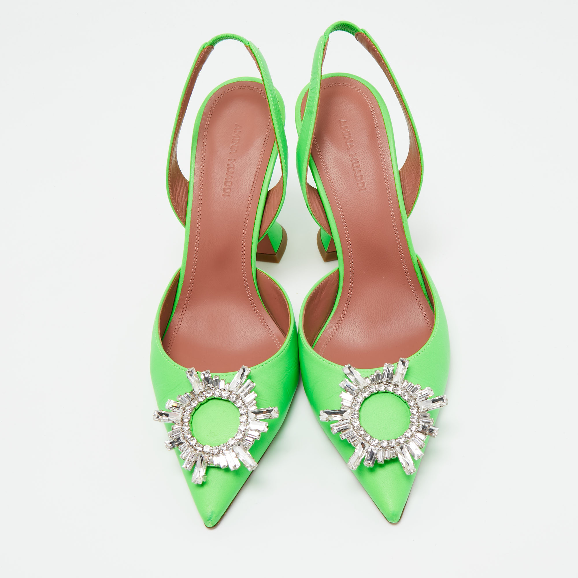 Amina Muaddi Neon Green Leather Begum Crystal Embellished Slingback Sandals Size 38.5