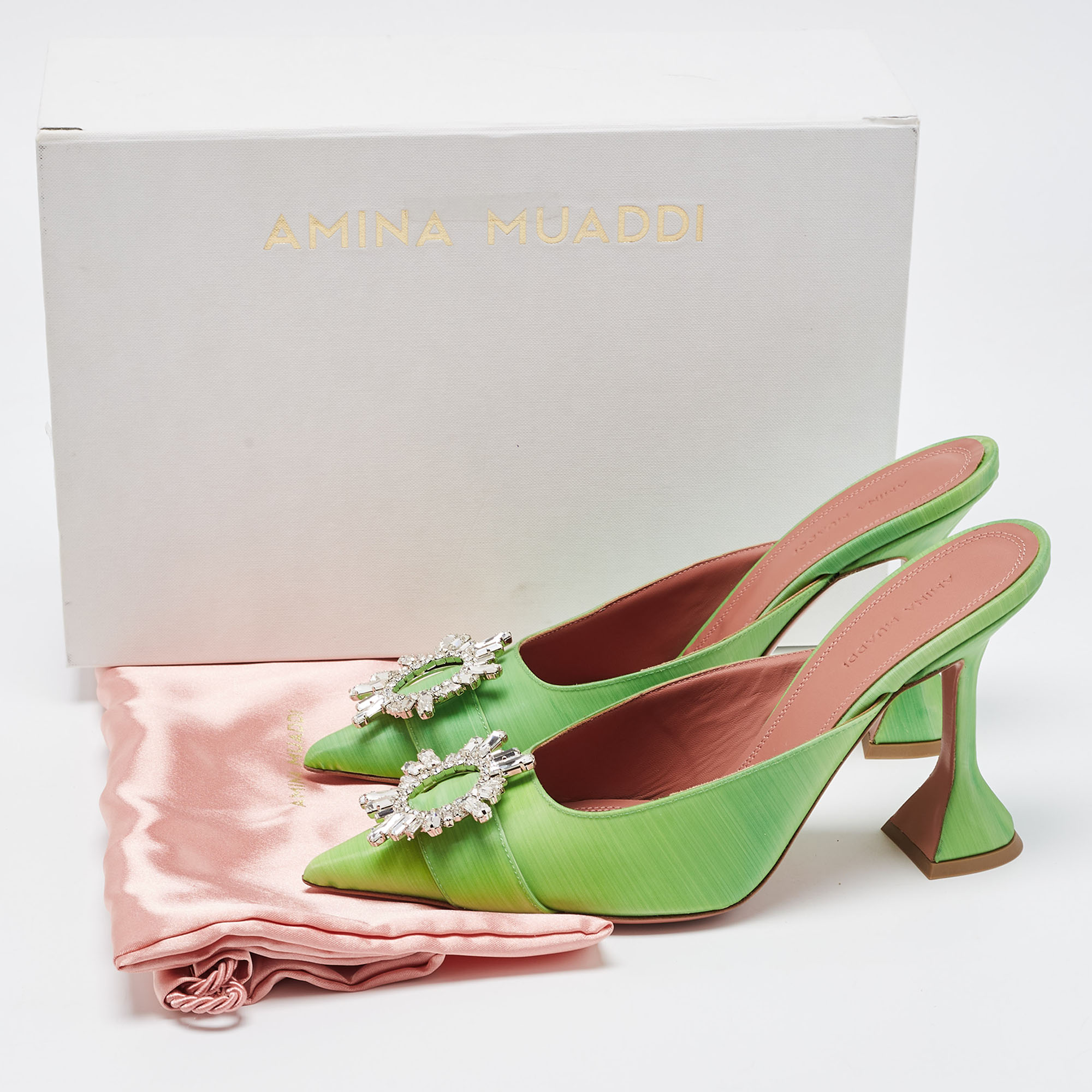 Amina Muaddi Green Vinyl Begum Crystal Embellished Mules Size 39