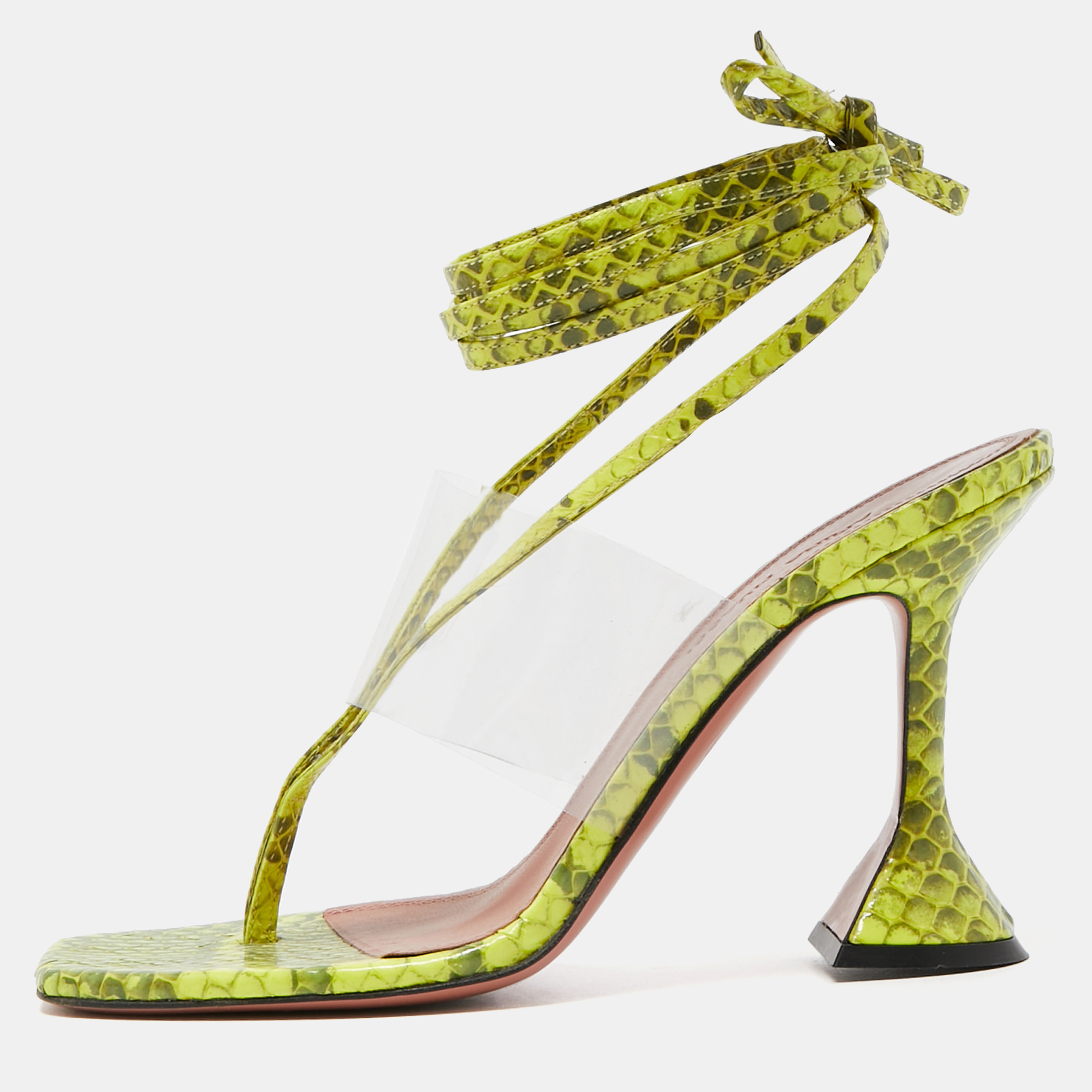 Amina Muaddi Two Tone Embossed Snakeskin And PVC Zula Ankle Tie Sandals Size 37