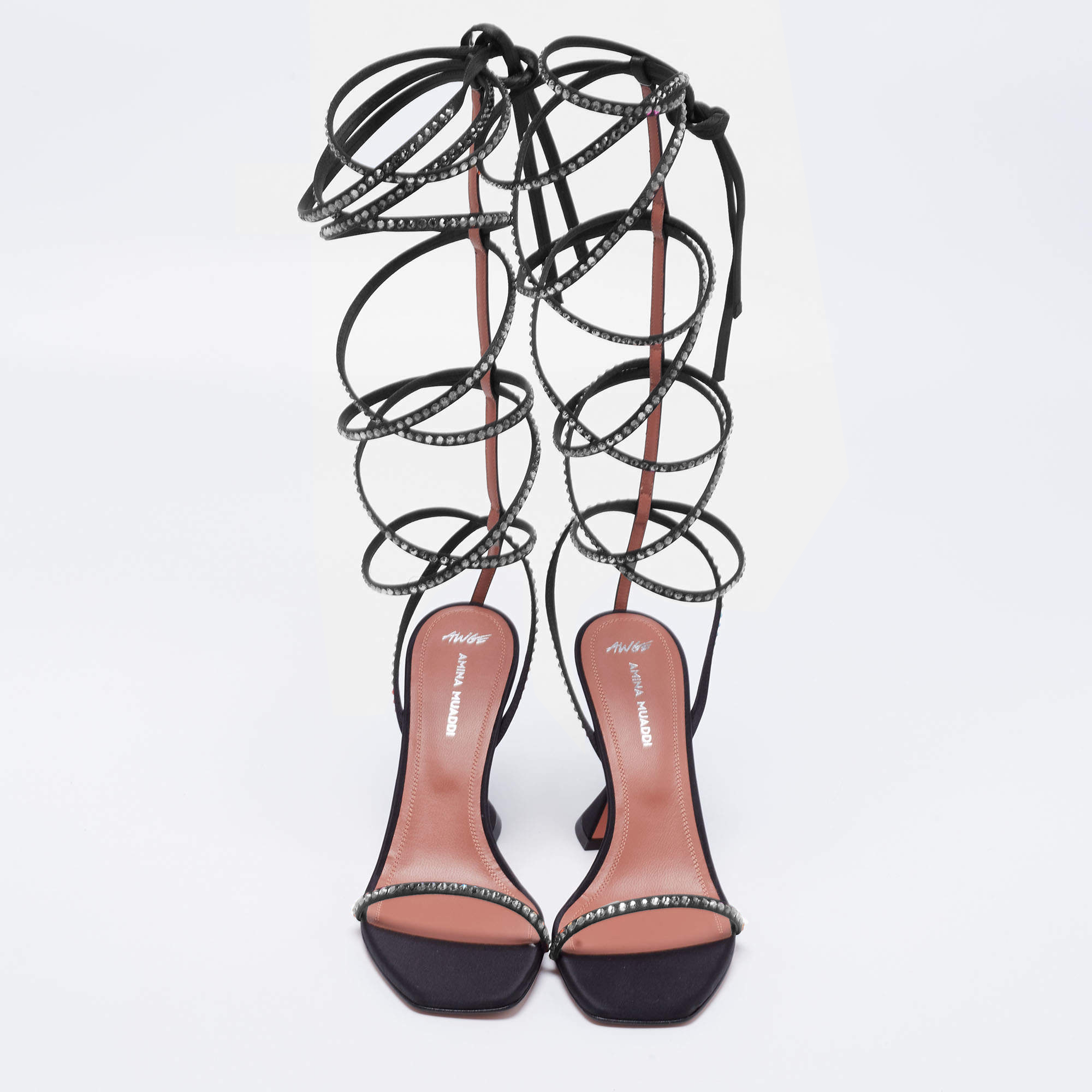 Amina Muaddi Black Satin Crystal Embellished Ankle Wrap Sandals Size 39.5