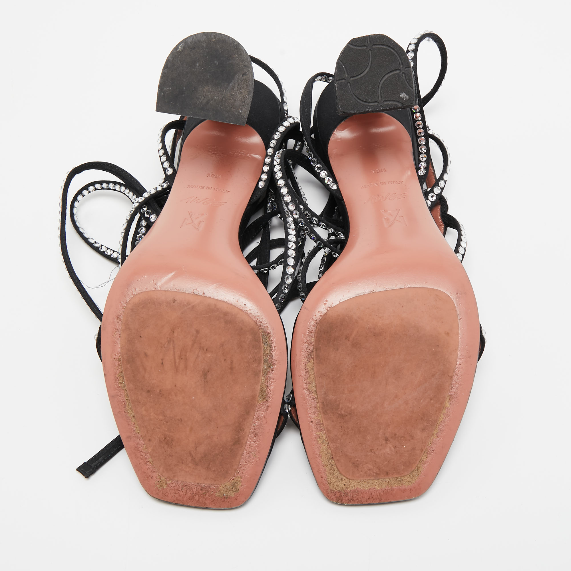 Amina Muaddi Black Satin Crystal Embellished Ankle Wrap Sandals Size 39.5