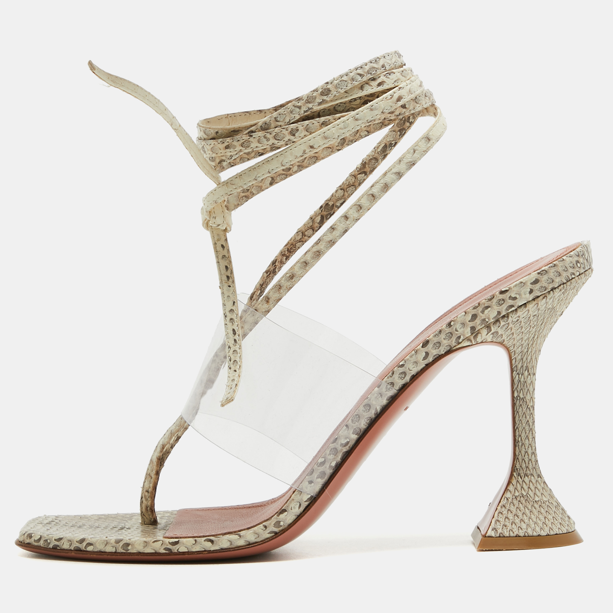 Amina muaddi brown/beige embossed snakeskin and pvc zula sandals size 40