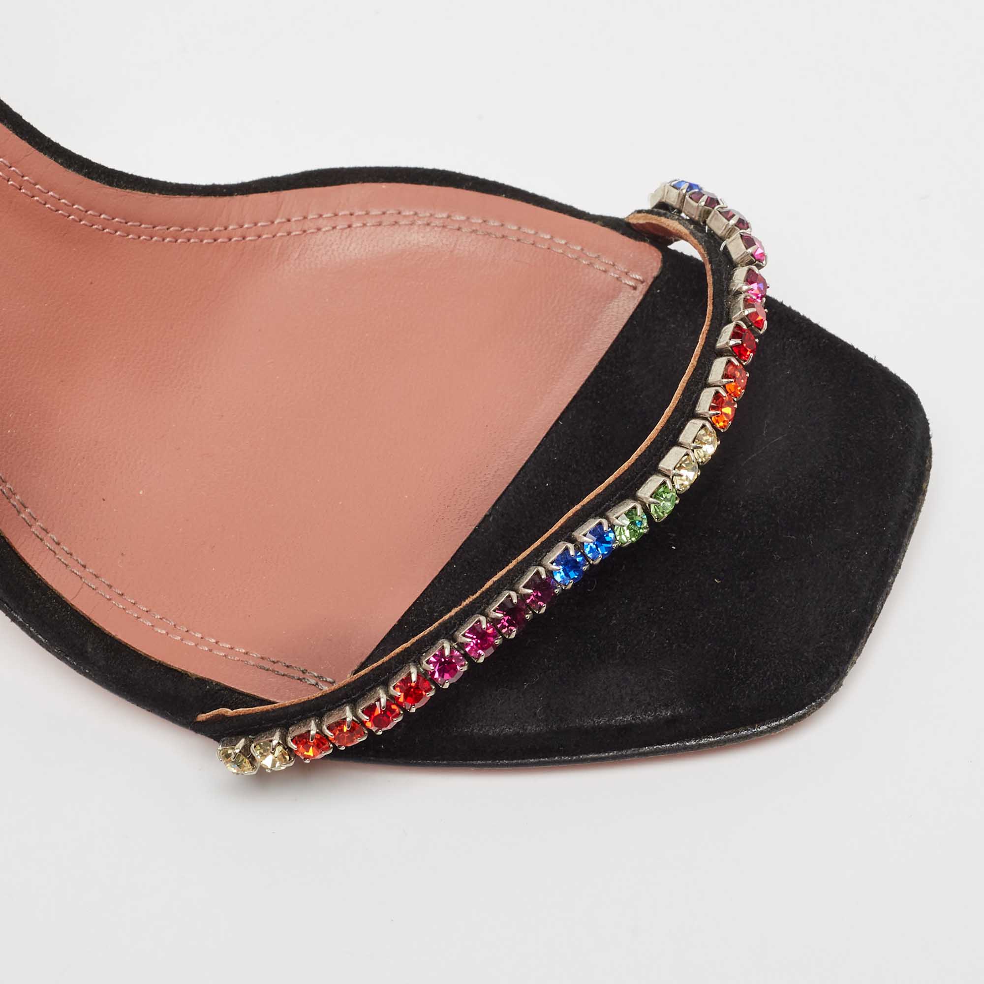 Amina Muaddi Black Suede Crystal Embellished Gilda Slide Sandals Size 37.5