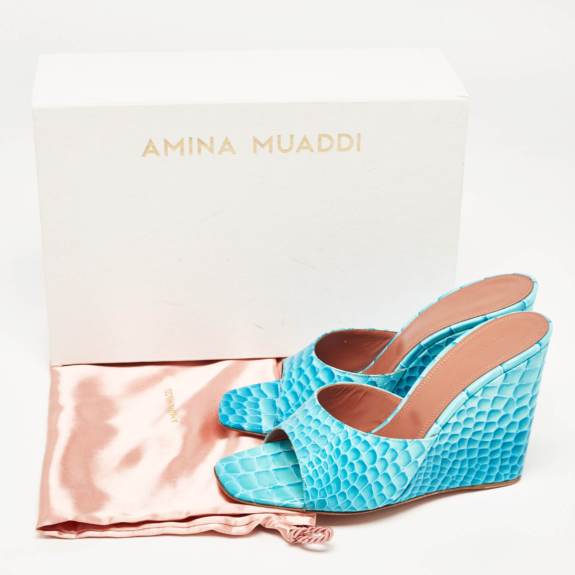 Amina Muaddi Teal Croc Patent Embossed Leather Lupita Wedge Slide Sandals Size 40