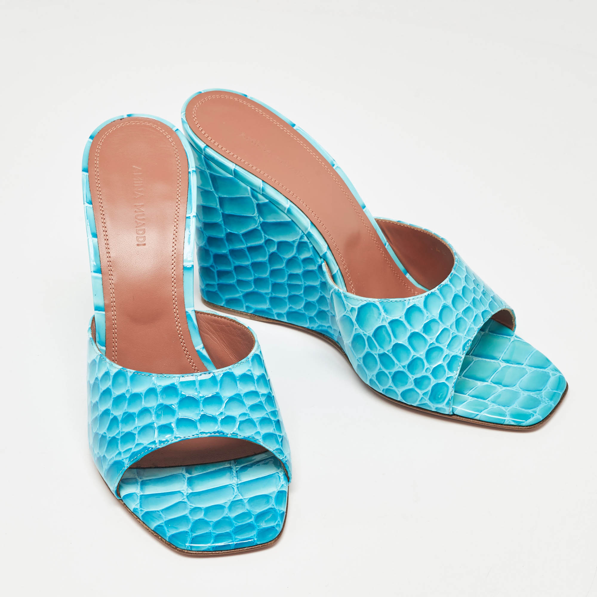 Amina Muaddi Teal Croc Patent Embossed Leather Lupita Wedge Slide Sandals Size 40