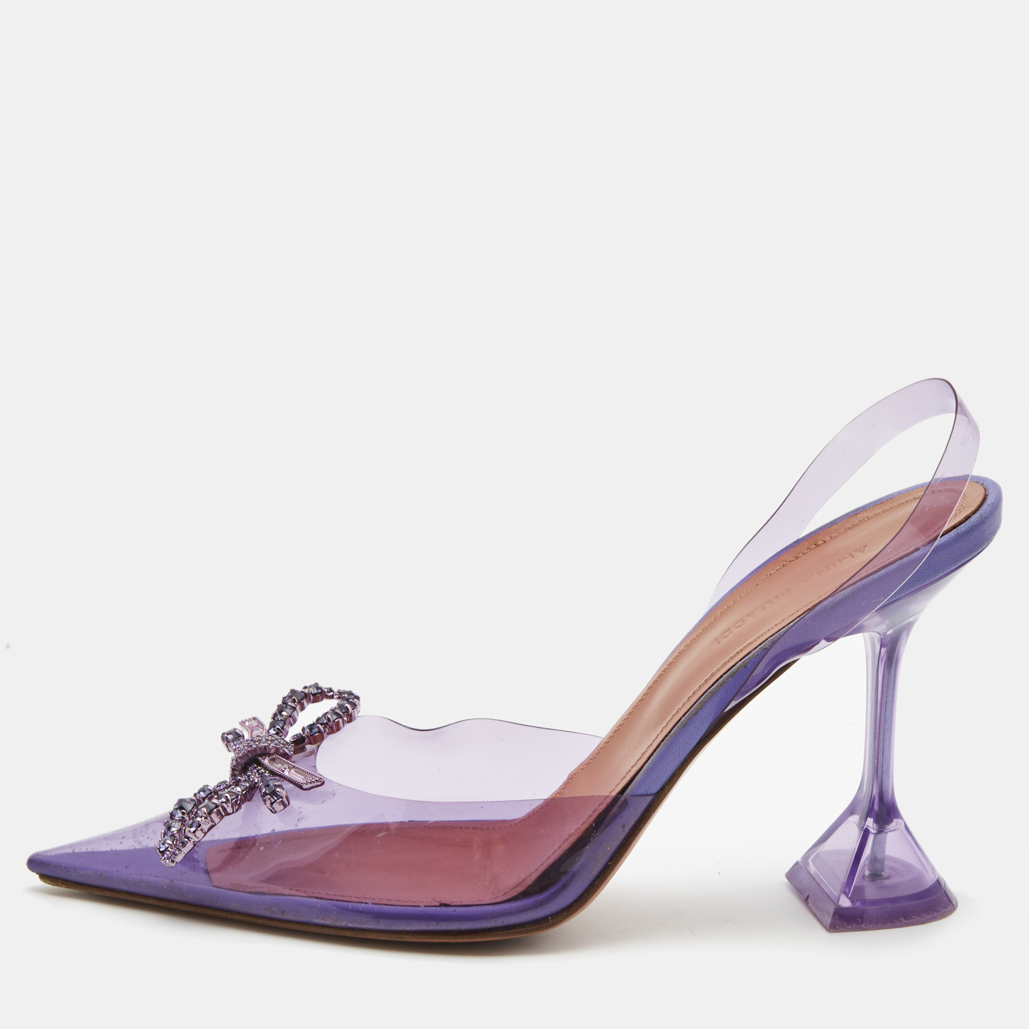 Amina muaddi purple pvc crystal embellished bow slingback pumps size 39