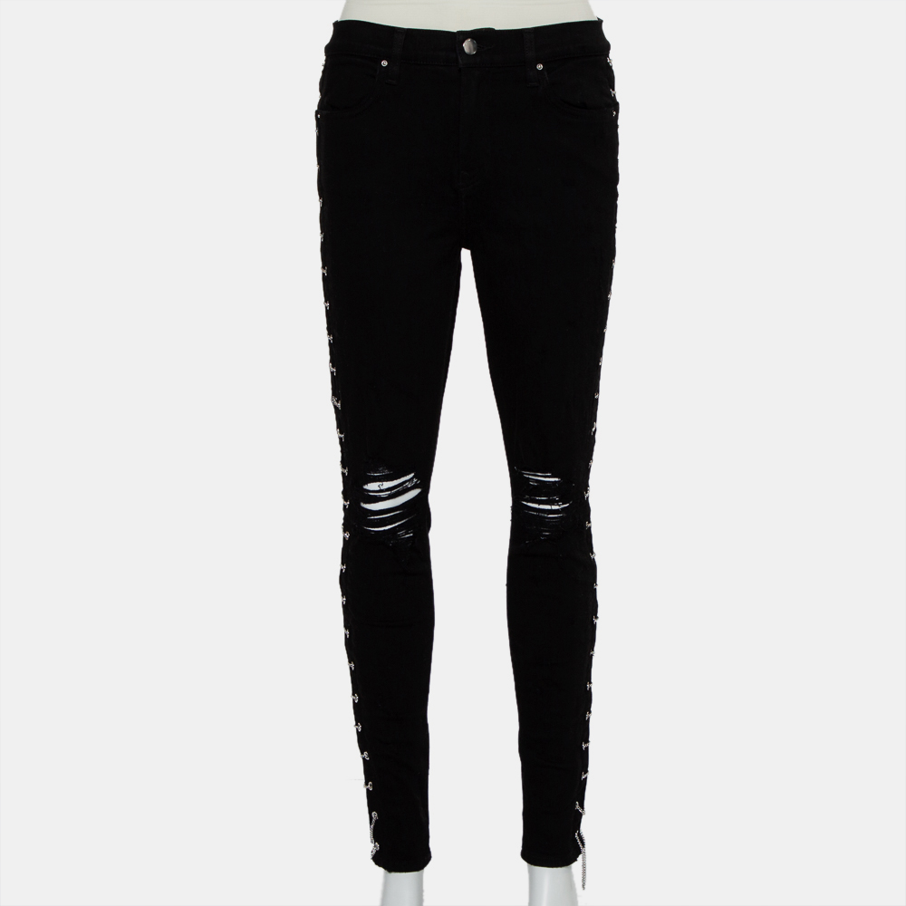 Amiri black denim side chain detail distressed skinny jeans m