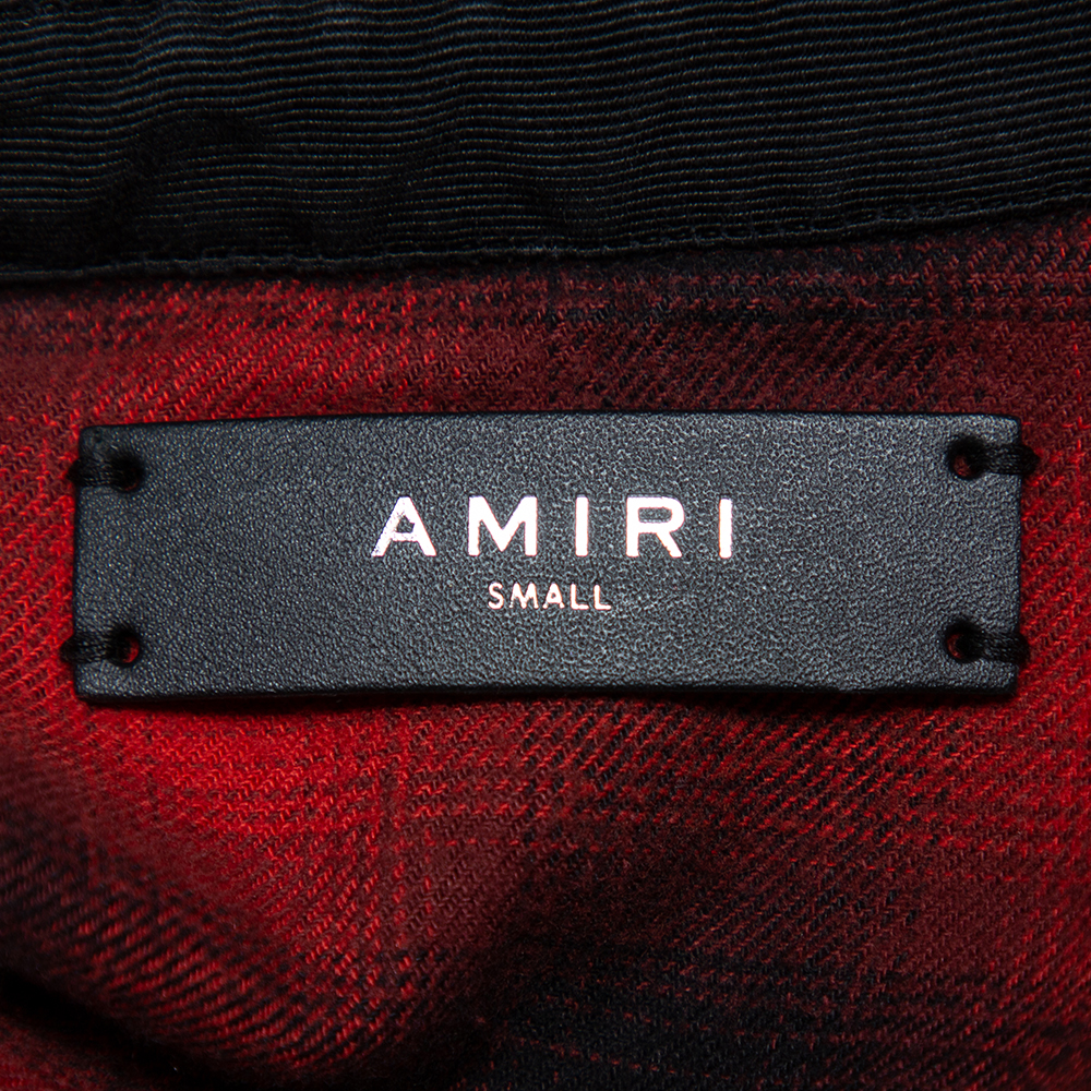 Amiri Red & Black Plaided Flannel Crystal Star Embellished Frayed Hem Shirt S