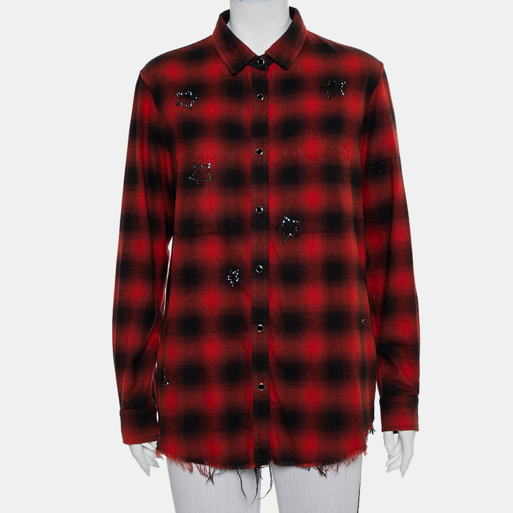 Amiri red & black plaided flannel crystal star embellished frayed hem shirt s