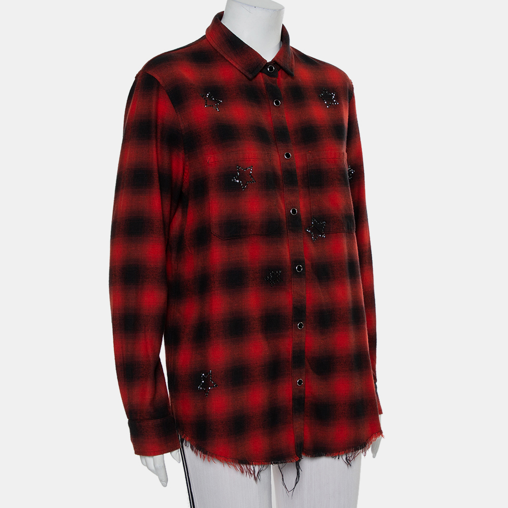 Amiri Red & Black Plaided Flannel Crystal Star Embellished Frayed Hem Shirt S