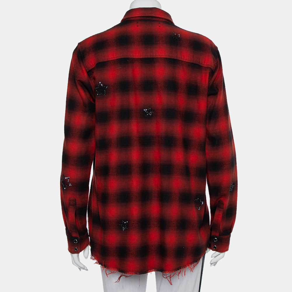 Amiri Red & Black Plaided Flannel Crystal Star Embellished Frayed Hem Shirt S
