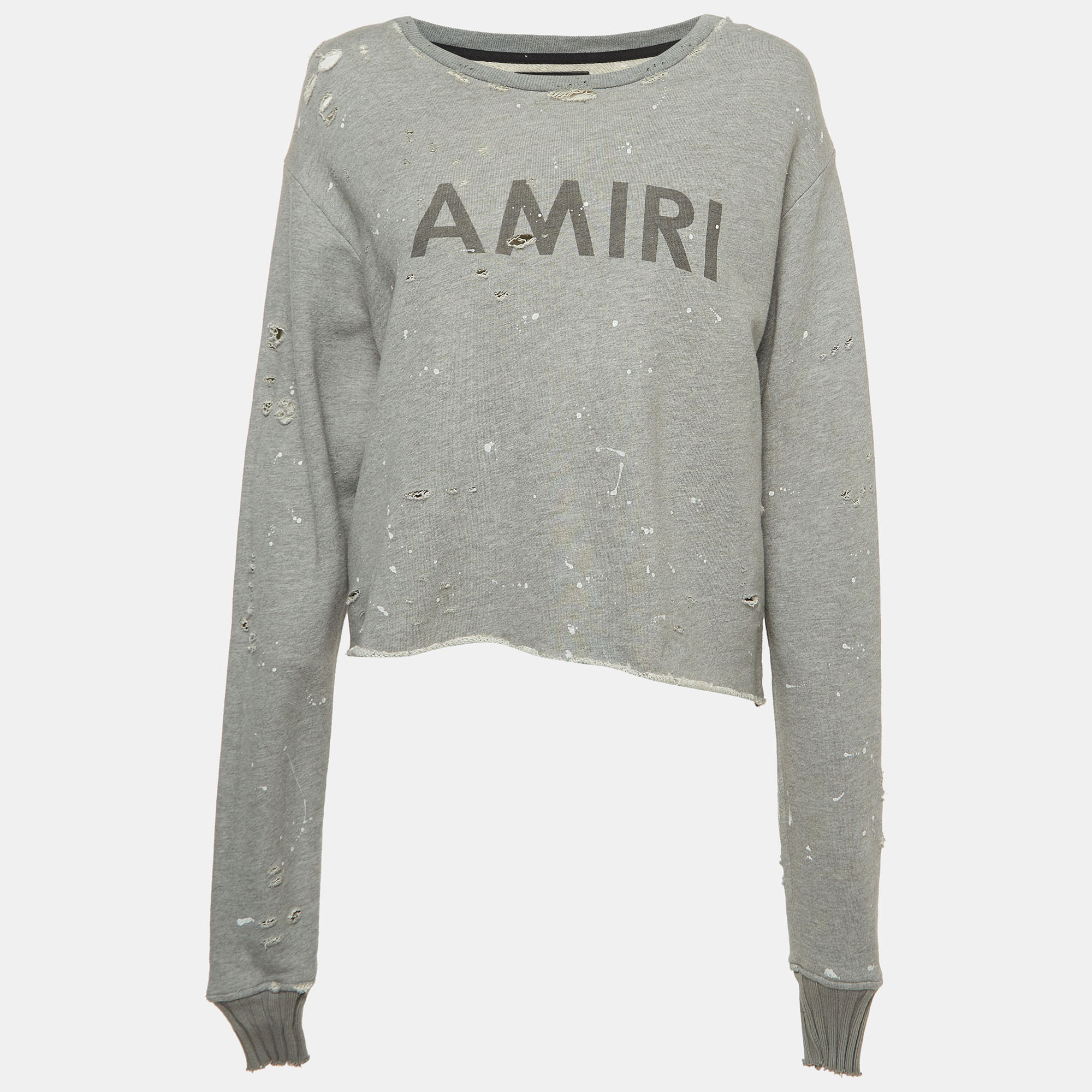 Amiri Grey Distressed Knit Logo Sweatshirt S