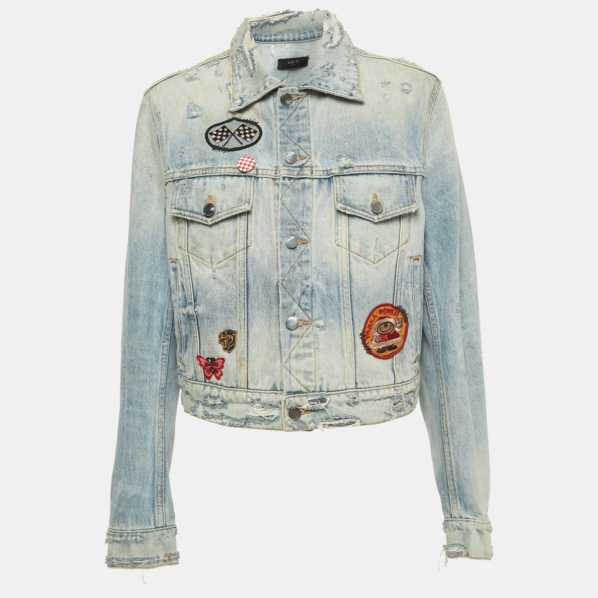 Amiri blue washed distressed patch detail buttoned jacket xs