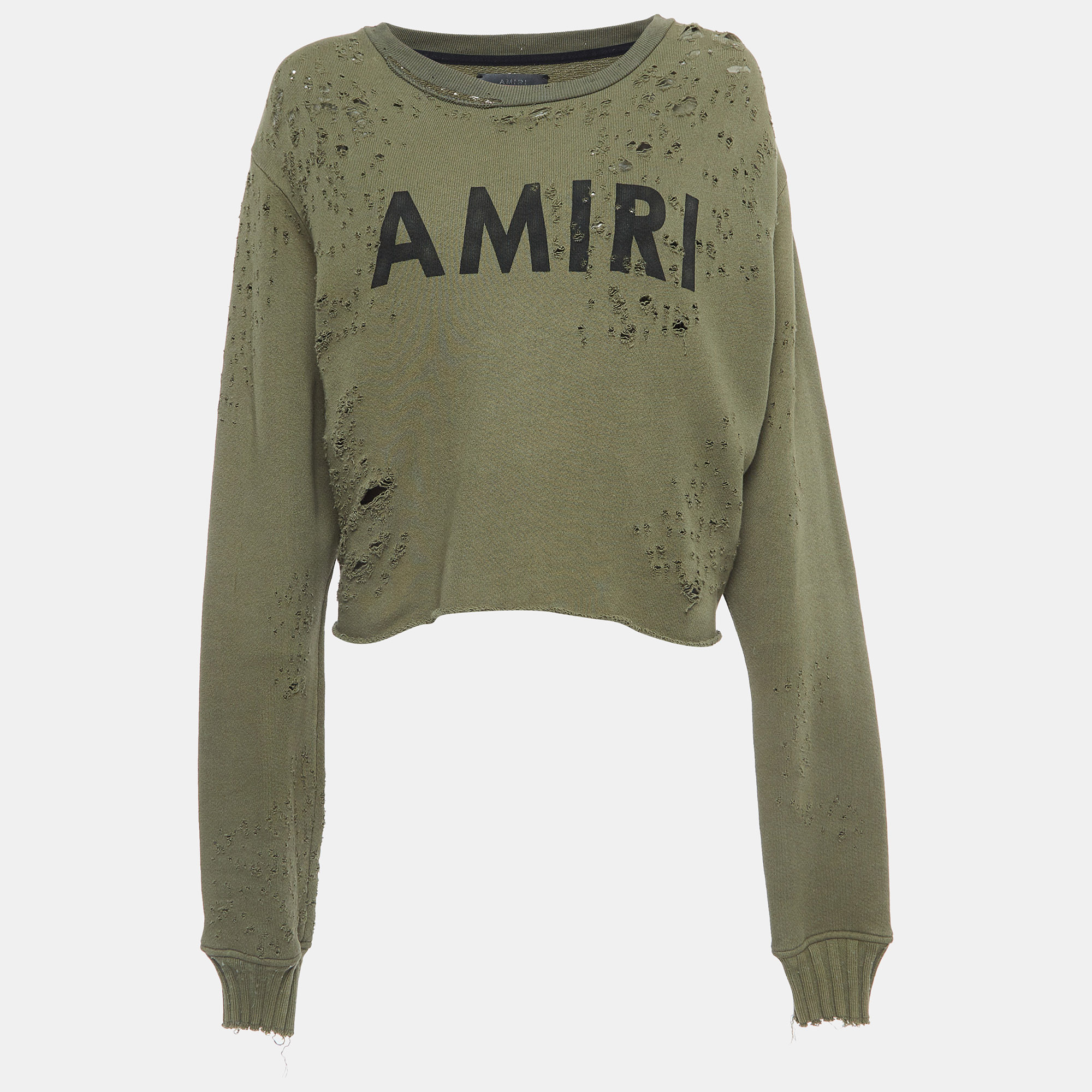 Amiri Military Green Logo Print Distressed Cotton Sweatshirt S