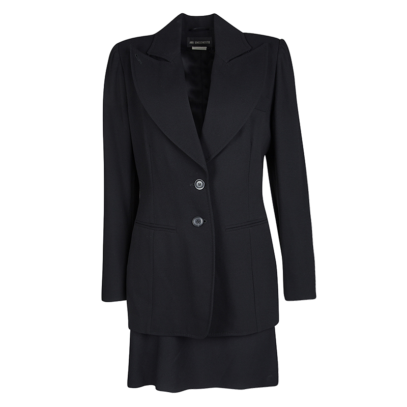 Image of Ann Demeulemeester Black Textured Wool Blazer and Skirt Set M