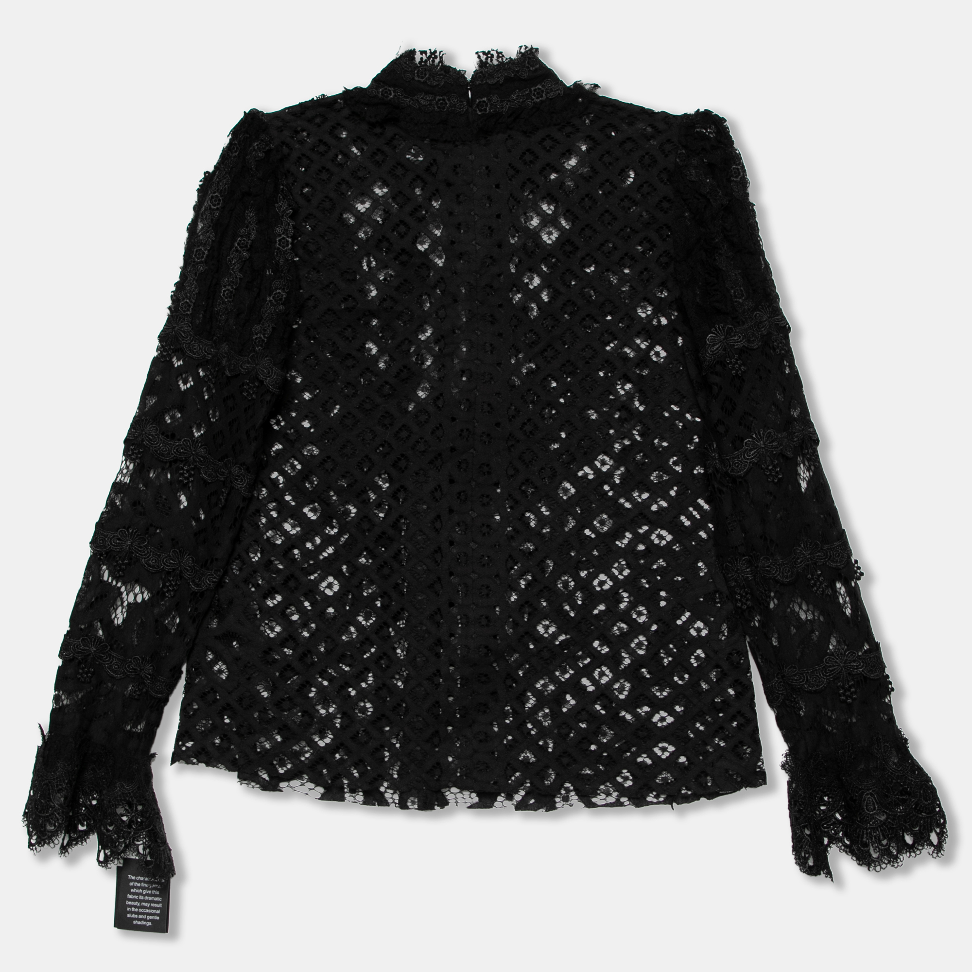 Anna Sui Black Lace Ruffle Trimmed Long Sleeve Blouse M