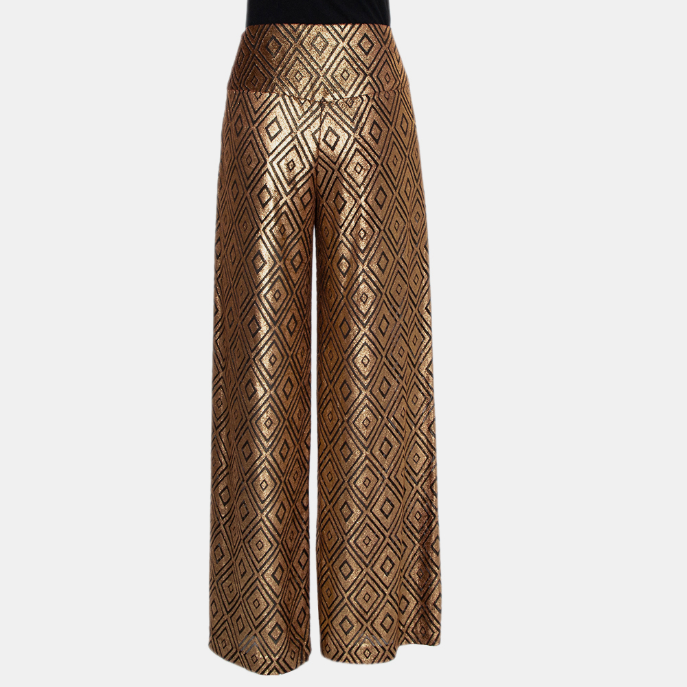 Anna Sui Gold Knitted Geometric Design High Waist Wide Leg Trouser M