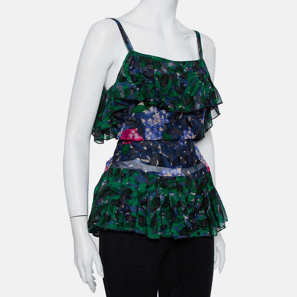 Anna Sui Multicolor Printed Silk Ruffled Sleeveless Top S