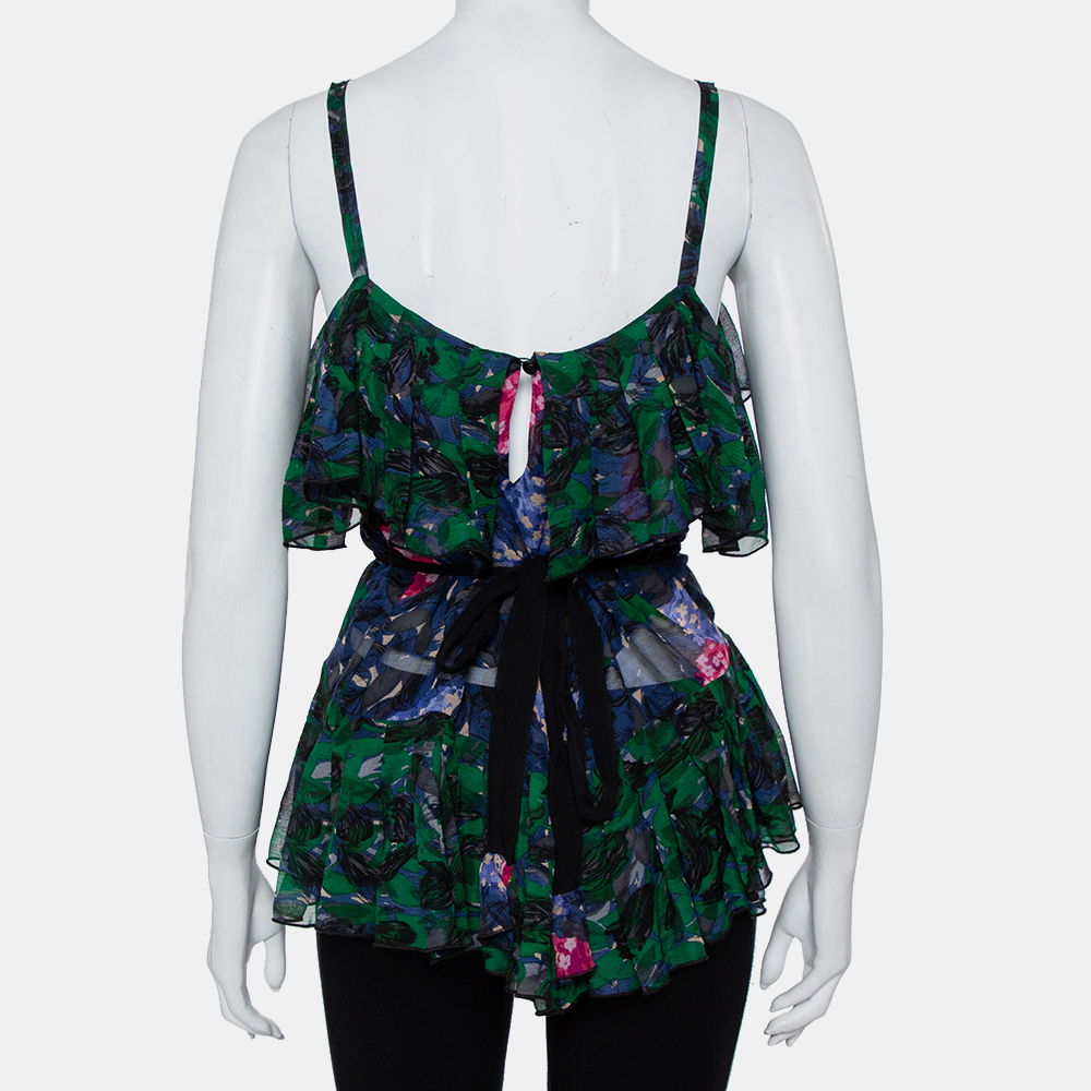 Anna Sui Multicolor Printed Silk Ruffled Sleeveless Top S