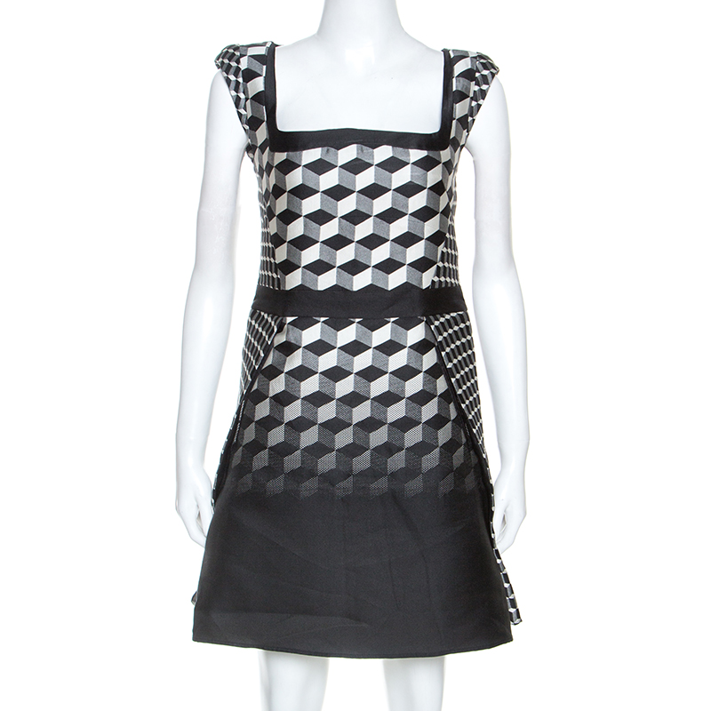 Image of Antonio Berardi Monochrome Geometric Patterned Jacquard Silk Mini Dress M