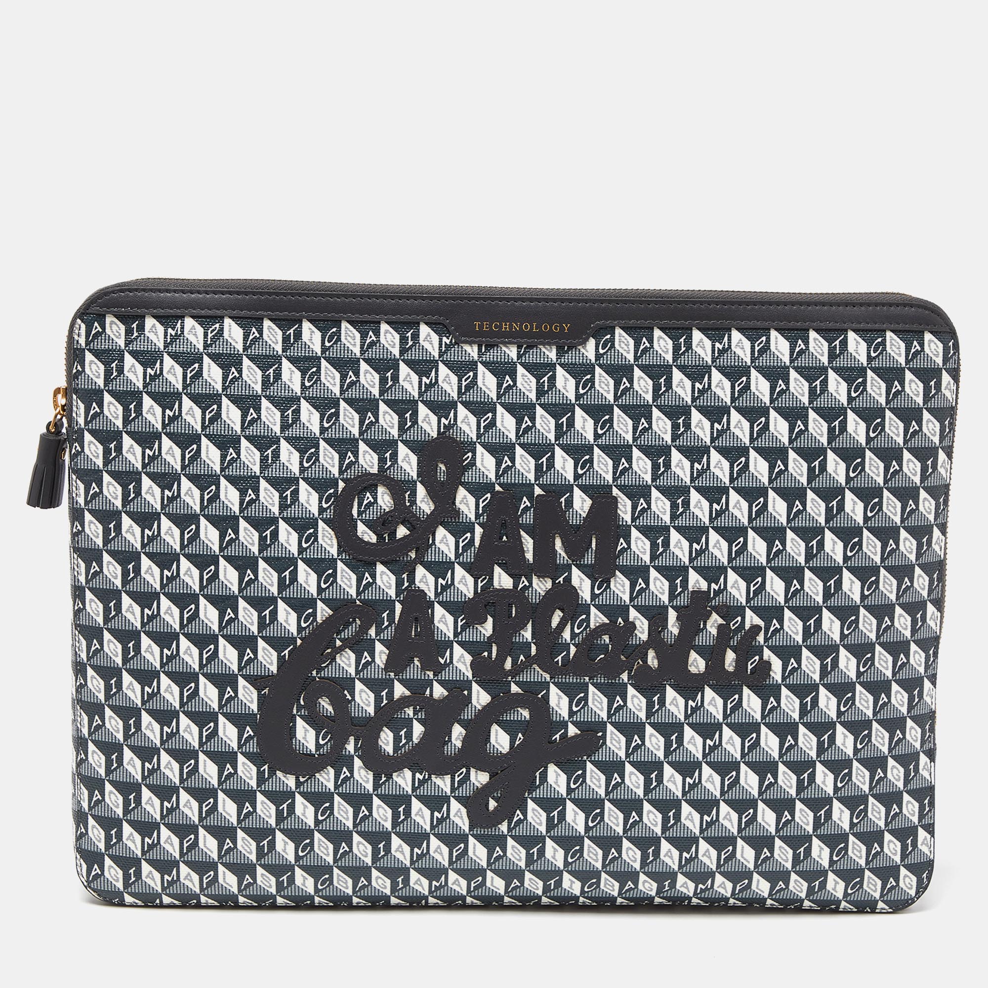 

Anya Hindmarch Grey/Black Coated Canvas 'I AM A PLASTIC BAG" Laptop Case